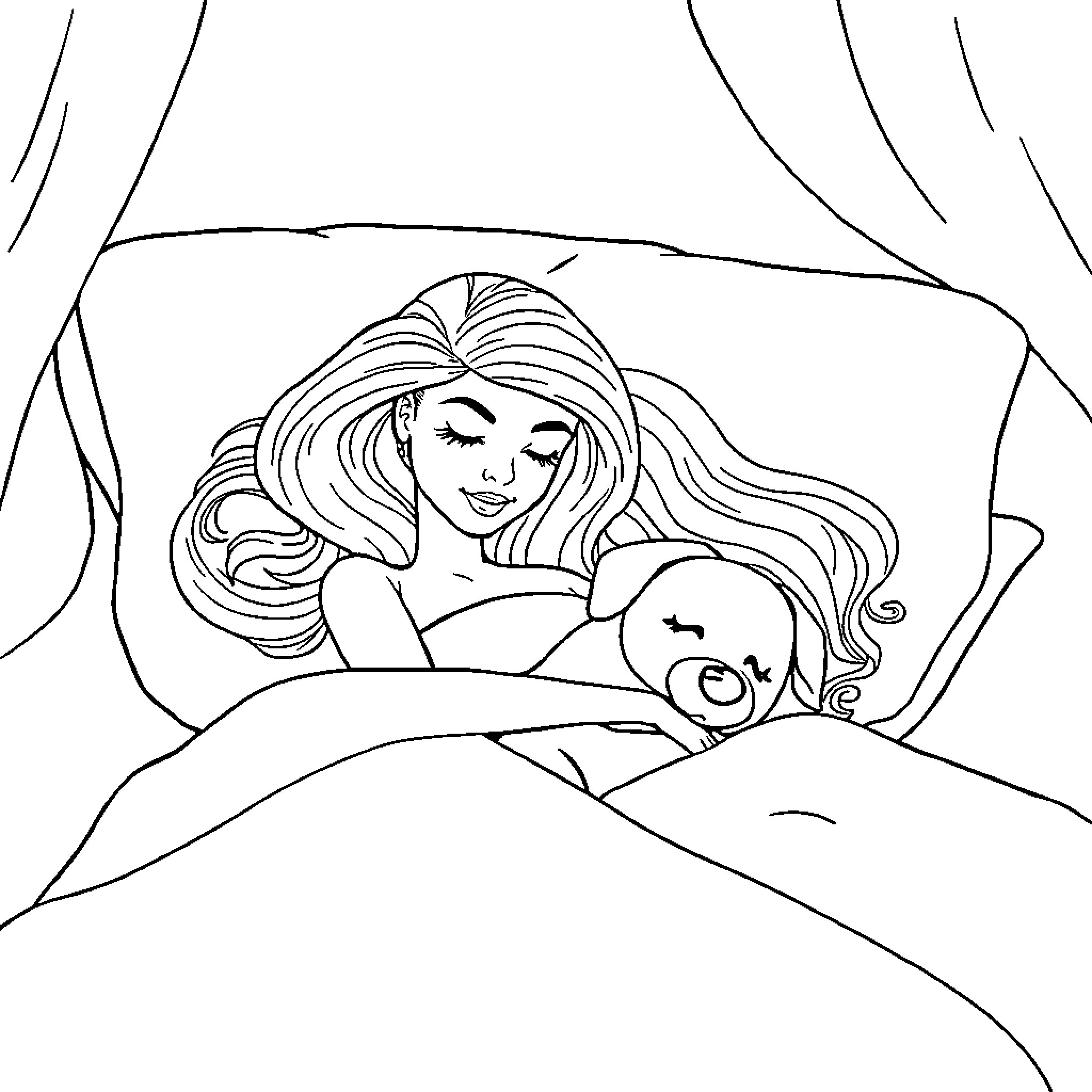 Barbie sleeping peacefully with her dog Coloring Page (free black-and-white line drawing printable PDF for all, from beginners to advanced learners, including children, teens, adults, and seniors)