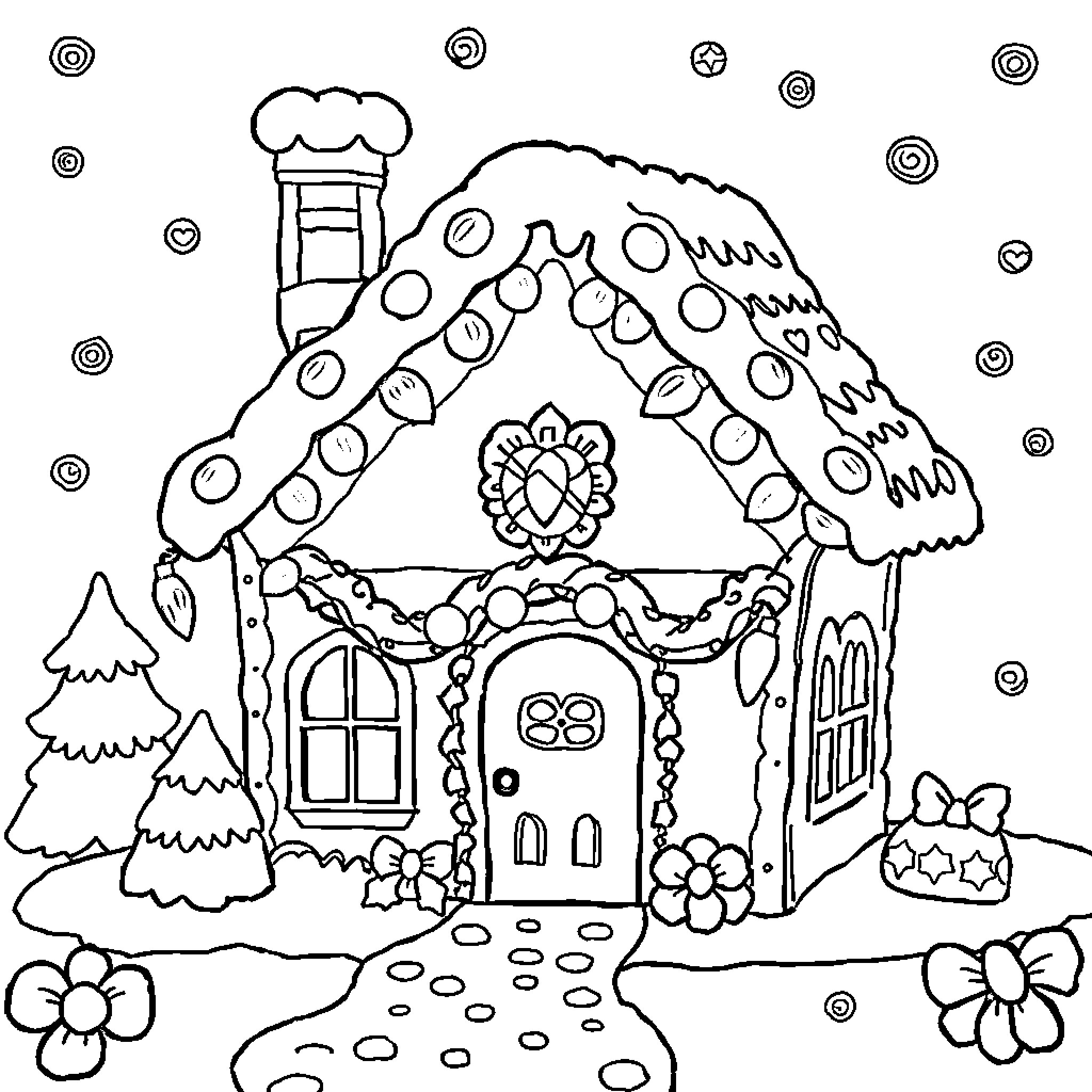 Gingerbread House with Whimsical Decorations Coloring Page (free black-and-white line drawing printable PDF for all, from beginners to advanced learners, including children, teens, adults, and seniors)