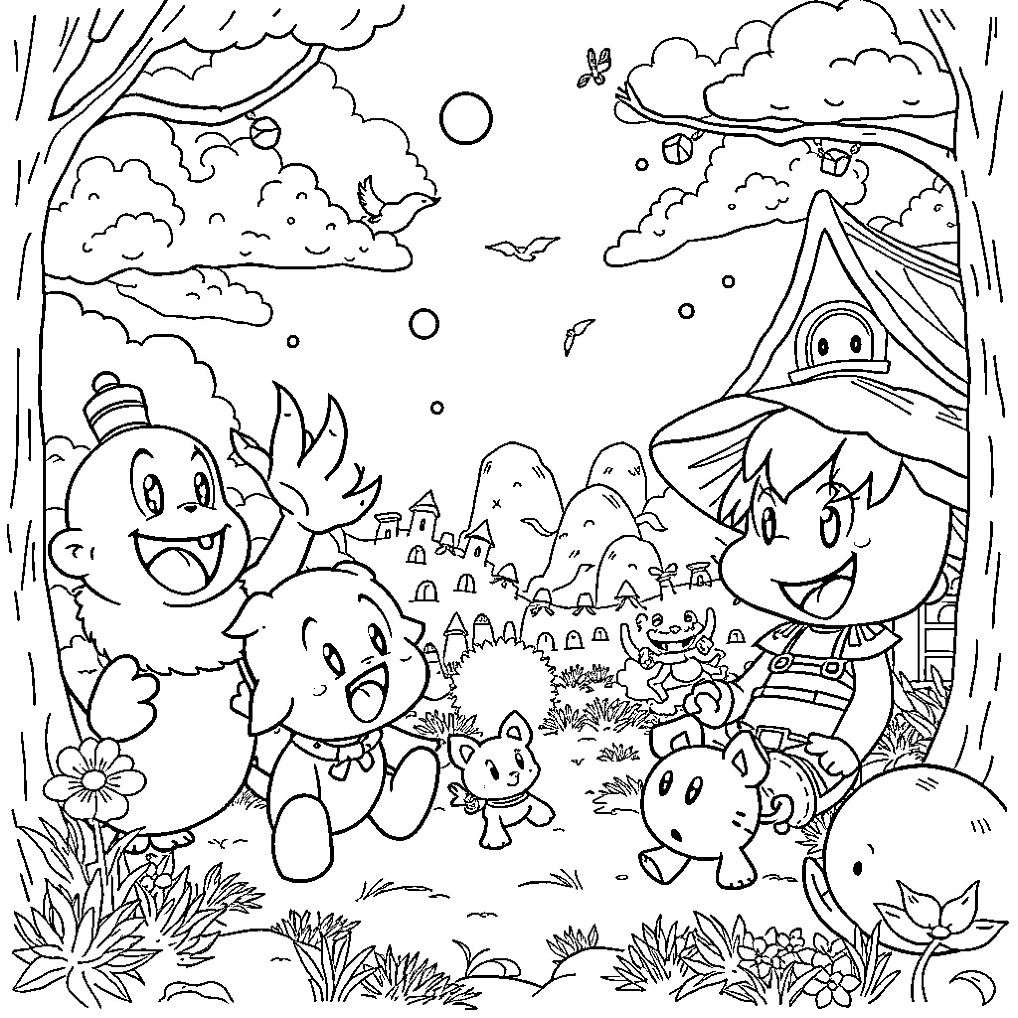 Akira Toriyama's Whimsical Characters in a Fantastical Landscape Coloring Page (free black-and-white line drawing printable PDF for all, from beginners to advanced learners, including children, teens, adults, and seniors)