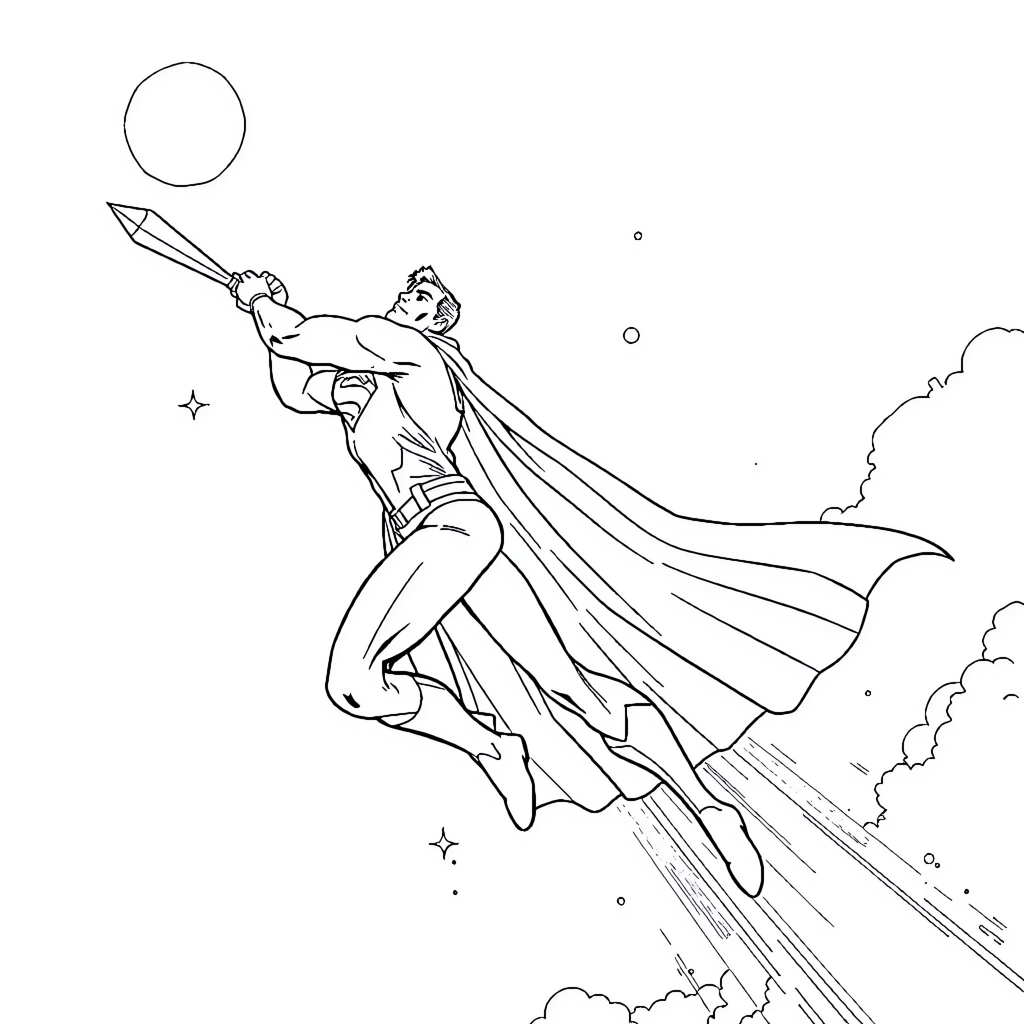 Superman soaring heroically through the skies Coloring Page (free black-and-white line drawing printable PDF for all, from beginners to advanced learners, including children, teens, adults, and seniors)