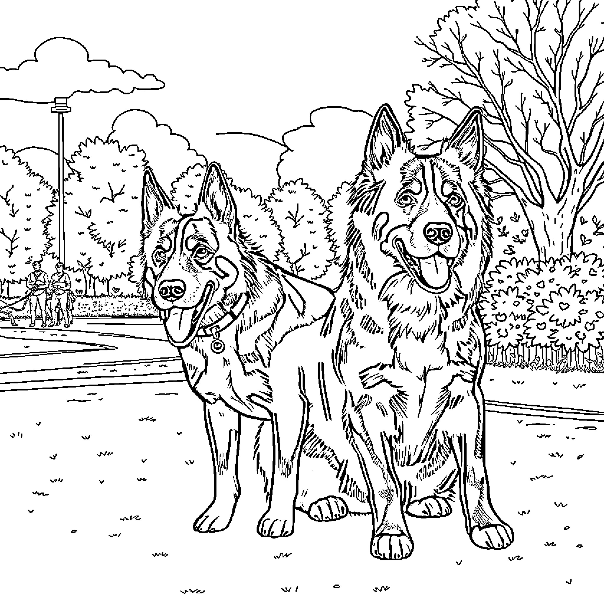 Dogs enjoying nature in a scenic park Coloring Page (free black-and-white line drawing printable PDF for all, from beginners to advanced learners, including children, teens, adults, and seniors)