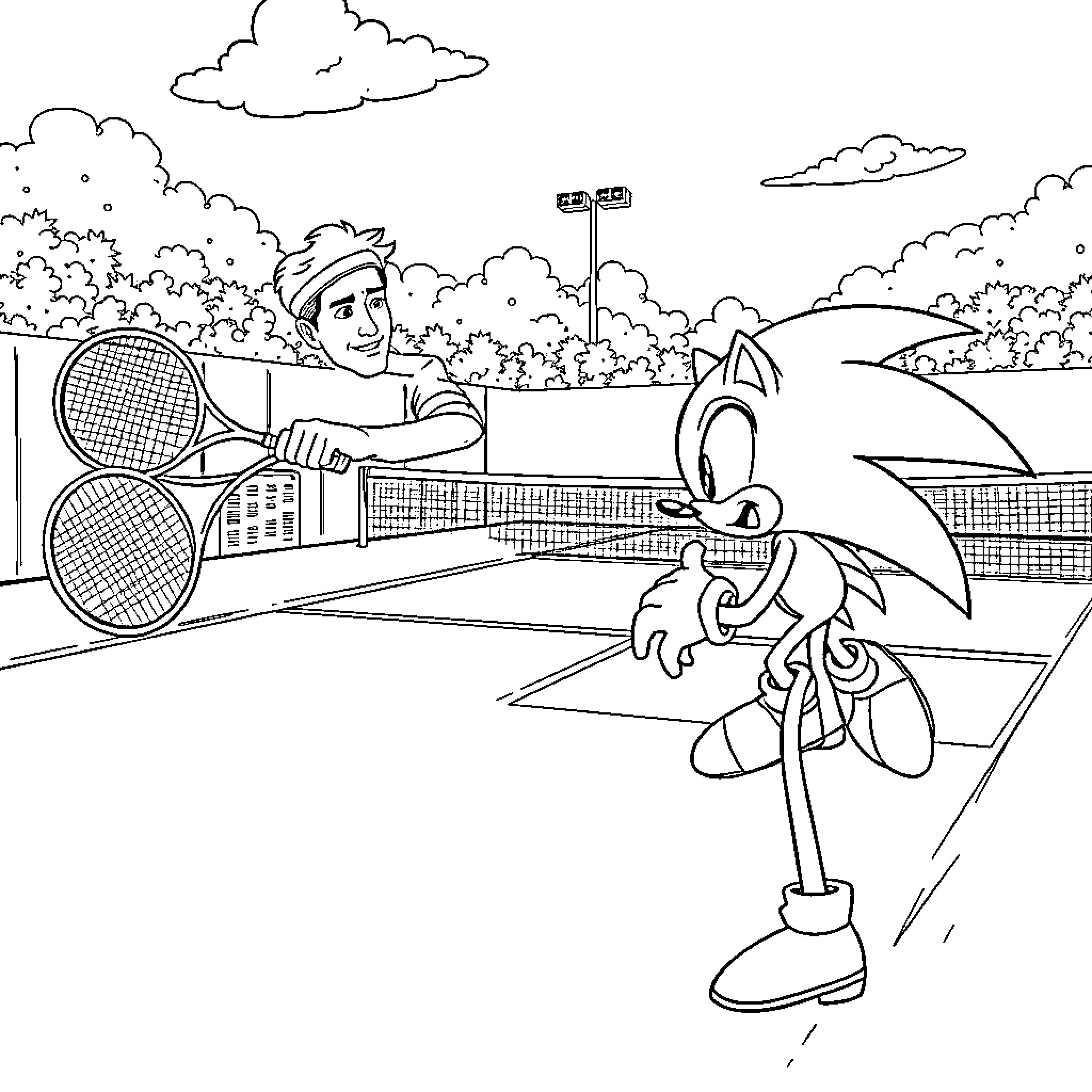 Federer and Sonic play tennis on the court Coloring Page (free black-and-white line drawing printable PDF for all, from beginners to advanced learners, including children, teens, adults, and seniors)