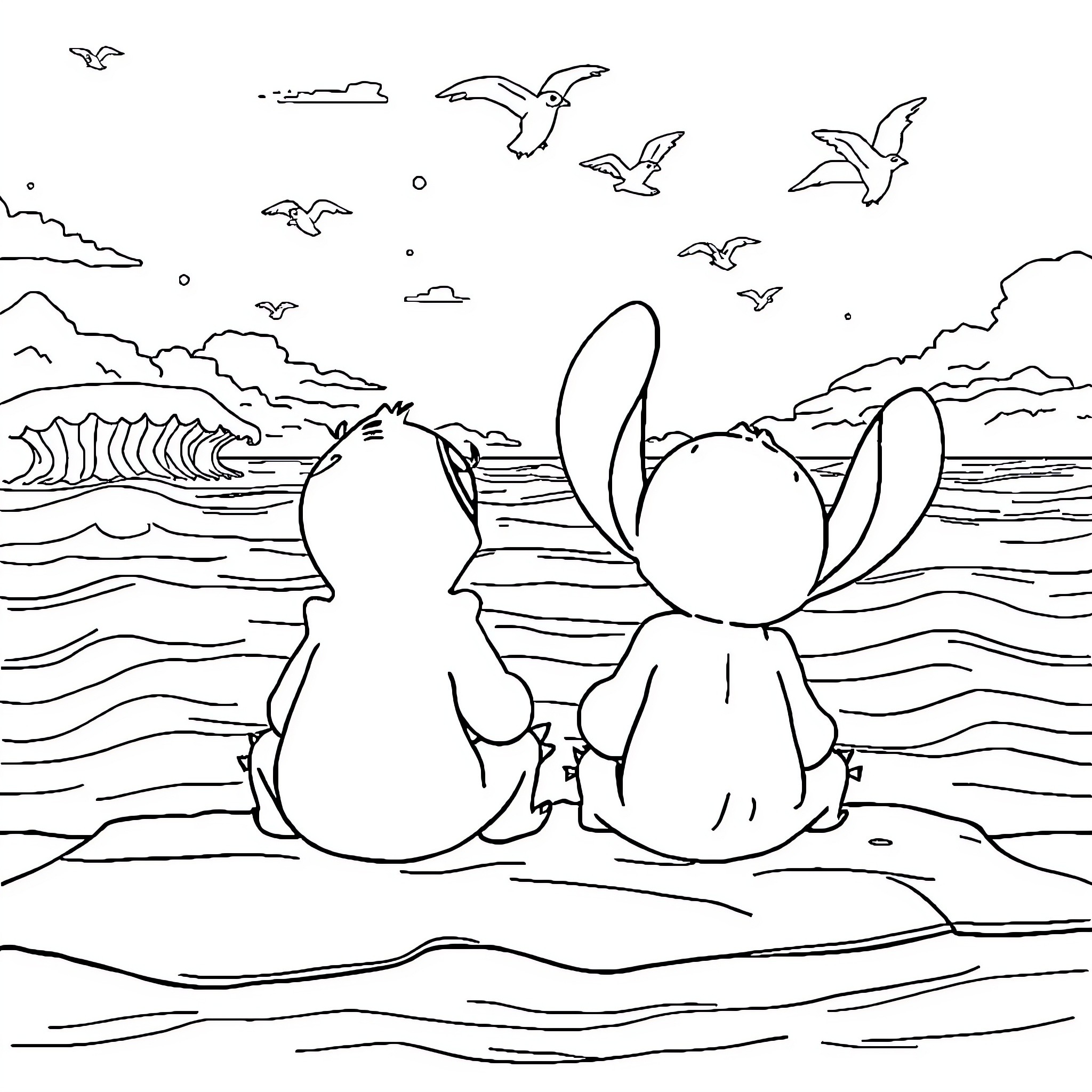 Krokmou enjoying the beach with friends Coloring Page (free black-and-white line drawing printable PDF for all, from beginners to advanced learners, including children, teens, adults, and seniors)