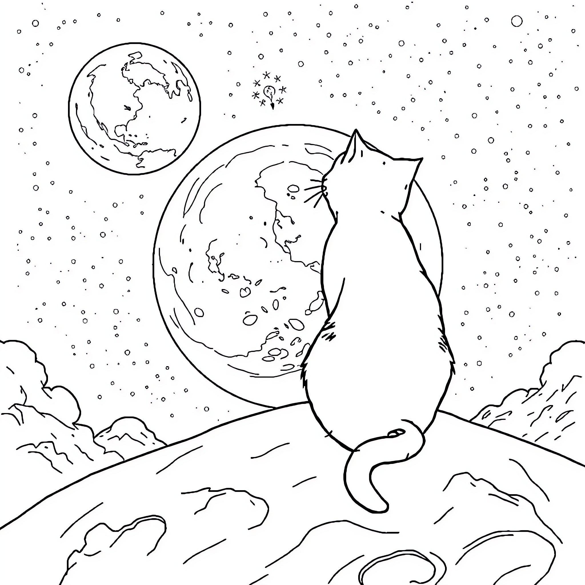 Cat contemplating the night sky Coloring Page (free black-and-white line drawing printable PDF for all, from beginners to advanced learners, including children, teens, adults, and seniors)