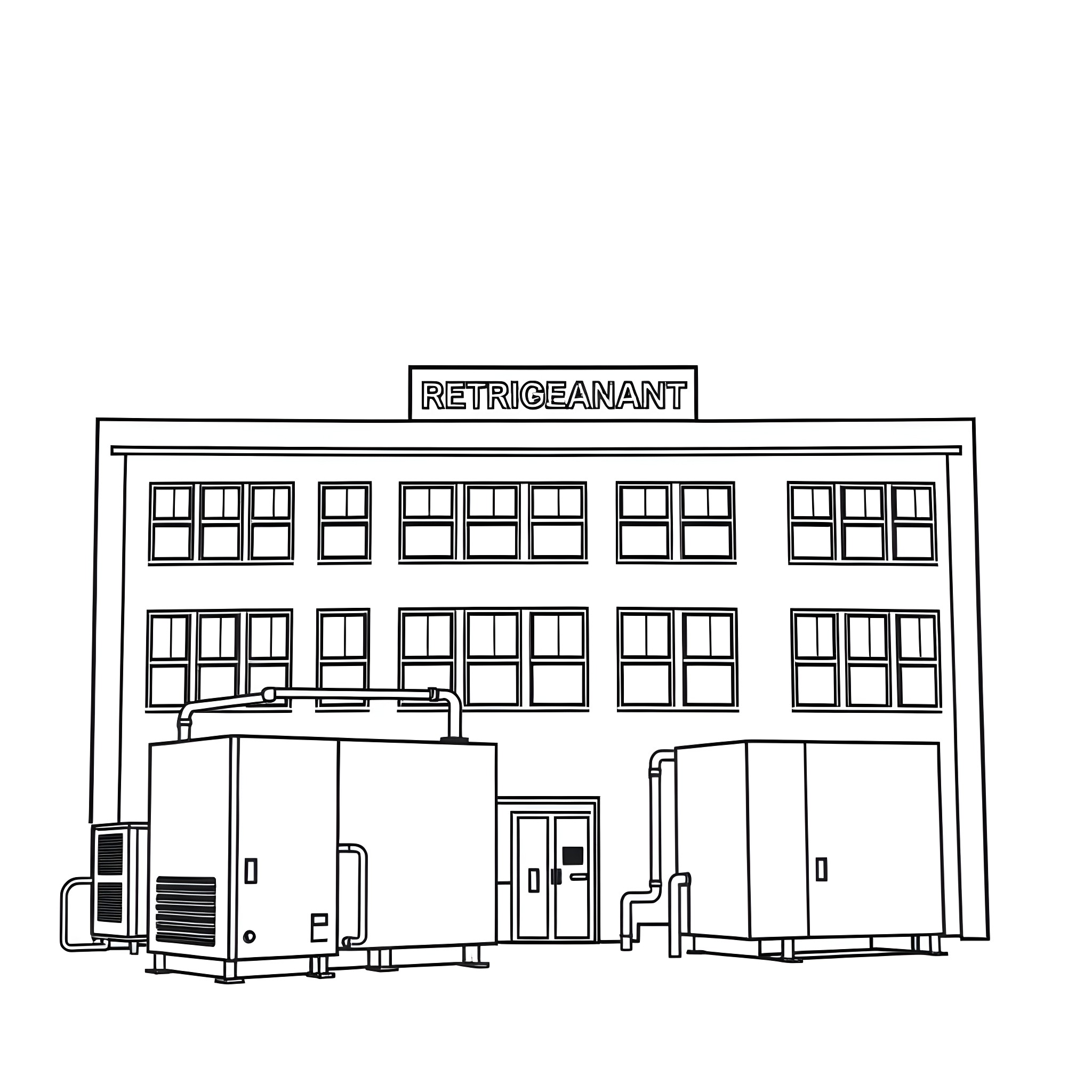 Cincinnati Refrigeration: Industrial Building with Equipment Coloring Page (free black-and-white line drawing printable PDF for all, from beginners to advanced learners, including children, teens, adults, and seniors)