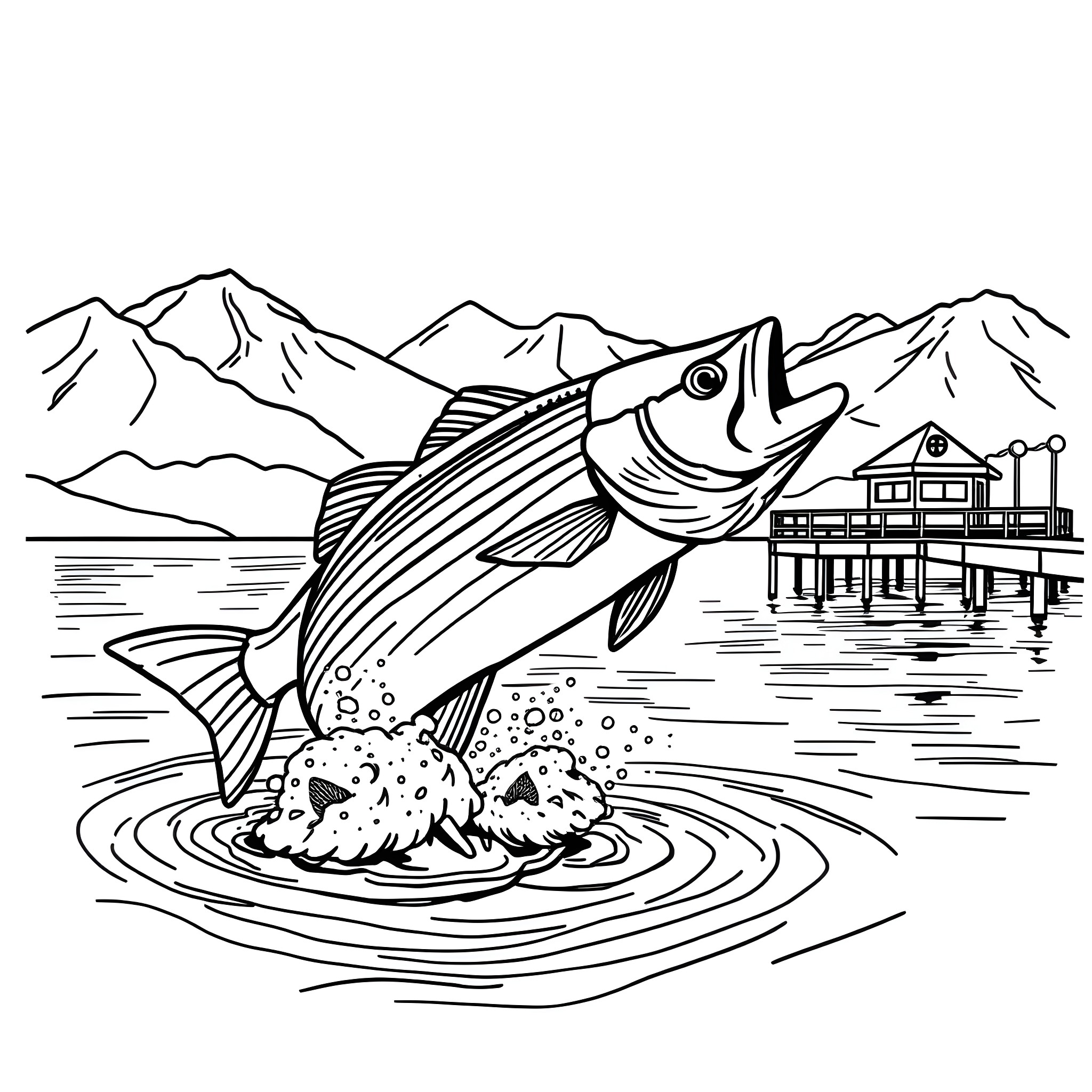 Bass Jumping Out of the Mountain Lake Coloring Page (free black-and-white line drawing printable PDF for all, from beginners to advanced learners, including children, teens, adults, and seniors)
