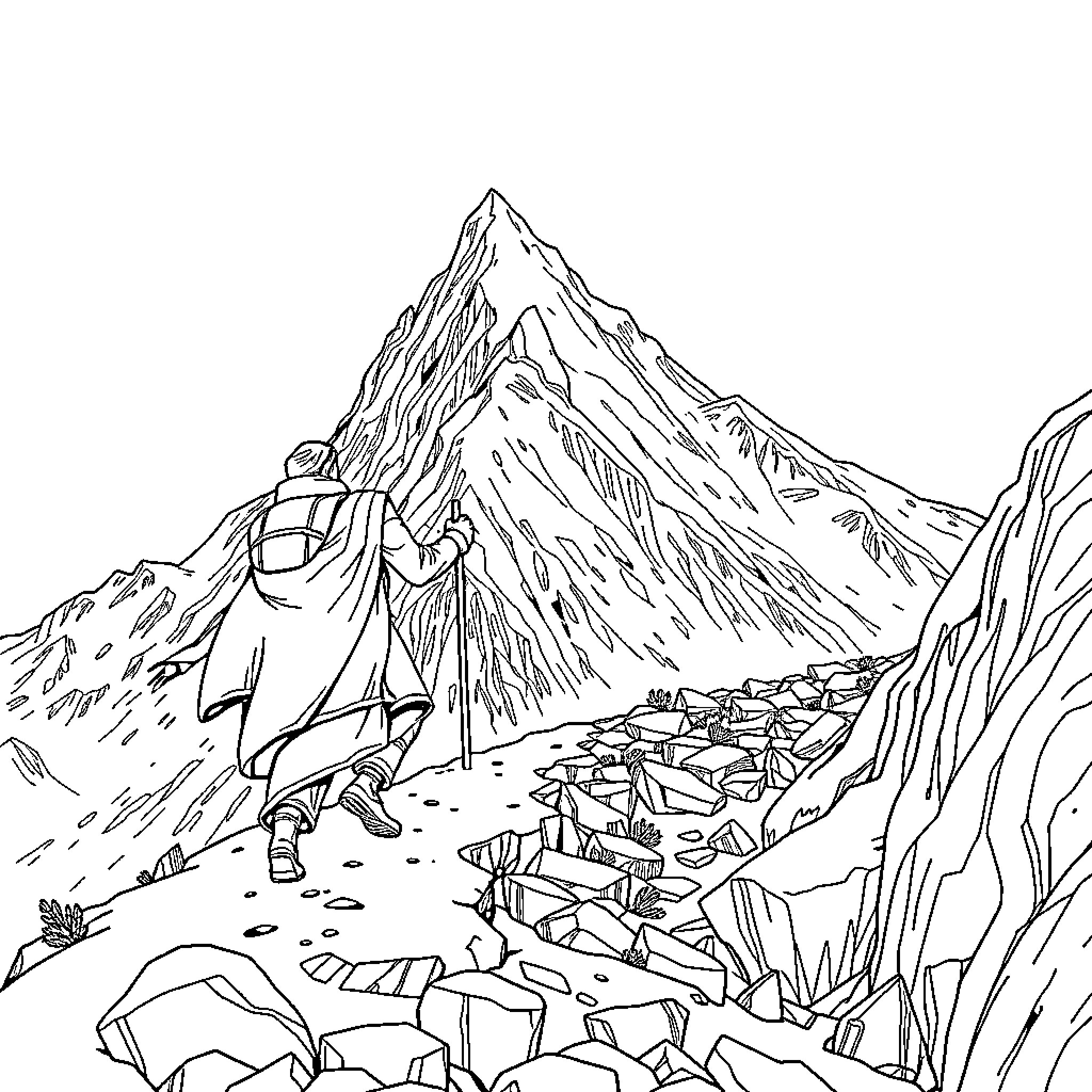 Rumi's Journey Through the Rugged Mountainscape Coloring Page (free black-and-white line drawing printable PDF for all, from beginners to advanced learners, including children, teens, adults, and seniors)