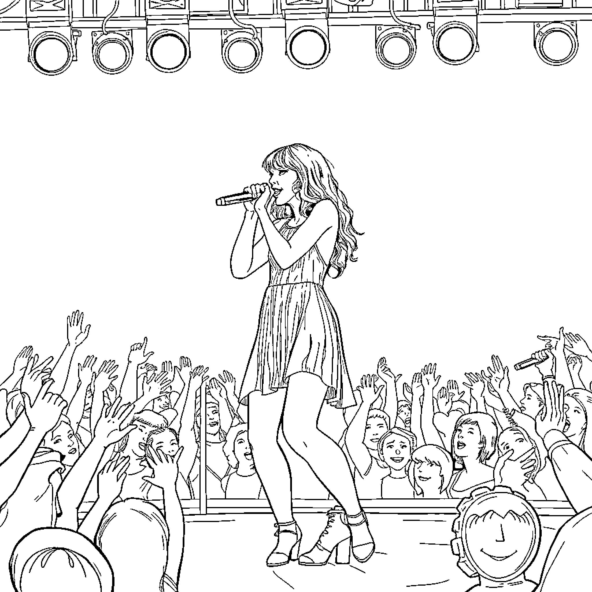 Taylor Swift performing on stage before cheering crowd Coloring Page (free black-and-white line drawing printable PDF for all, from beginners to advanced learners, including children, teens, adults, and seniors)