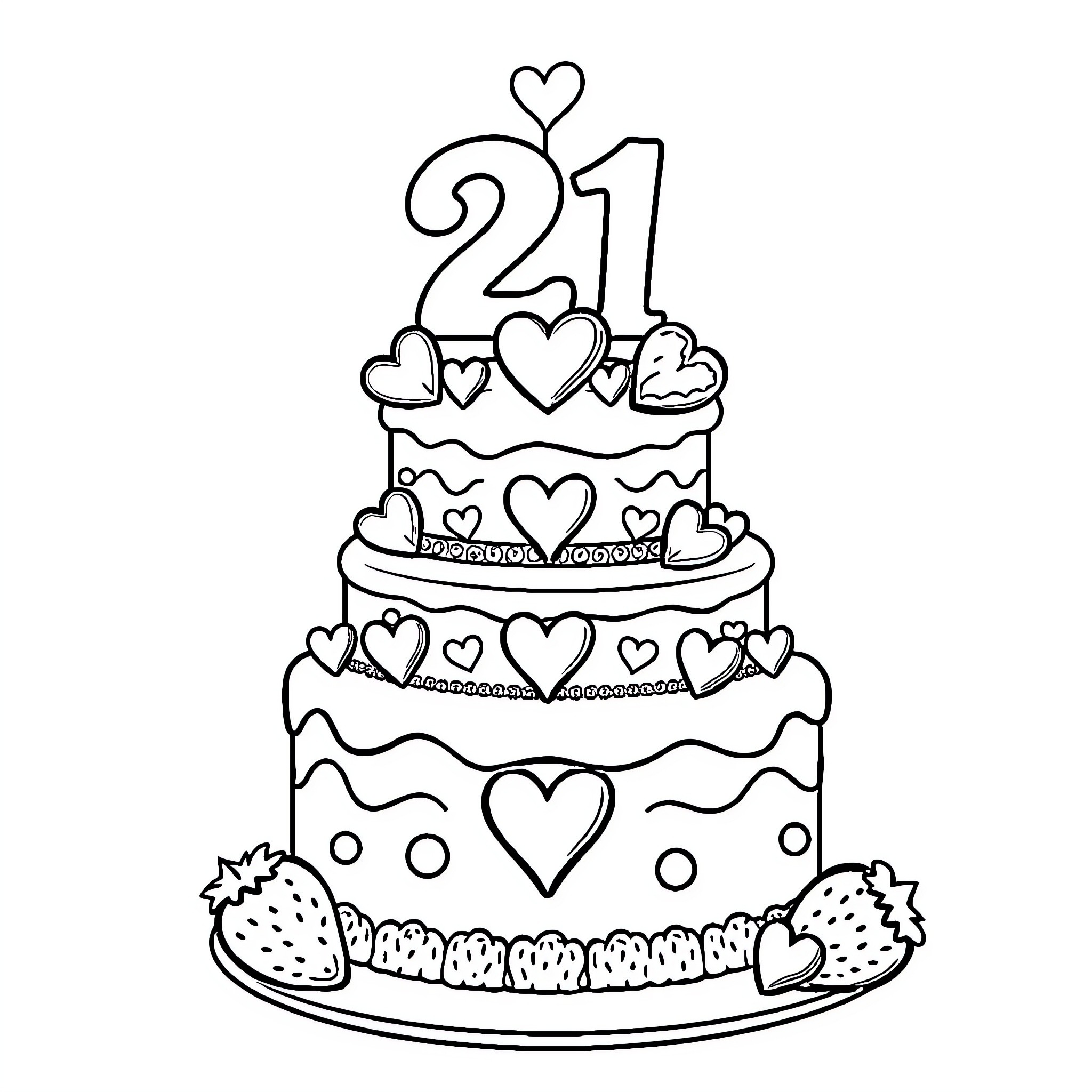 Birthday Cake with Hearts and Number 21 Coloring Page (free black-and-white line drawing printable PDF for all, from beginners to advanced learners, including children, teens, adults, and seniors)