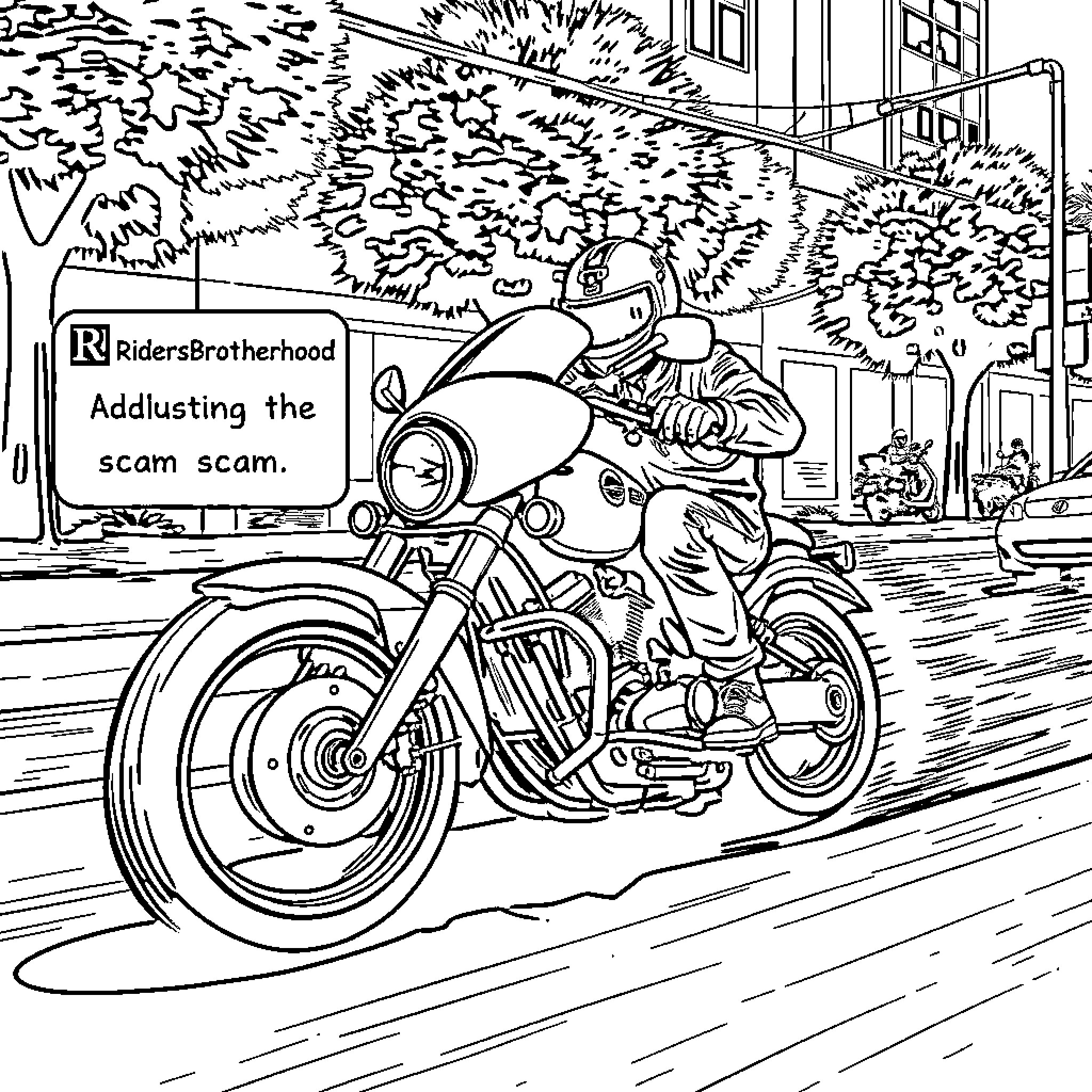 Motorcycle rider adjusting the scam scam Coloring Page (free black-and-white line drawing printable PDF for all, from beginners to advanced learners, including children, teens, adults, and seniors)