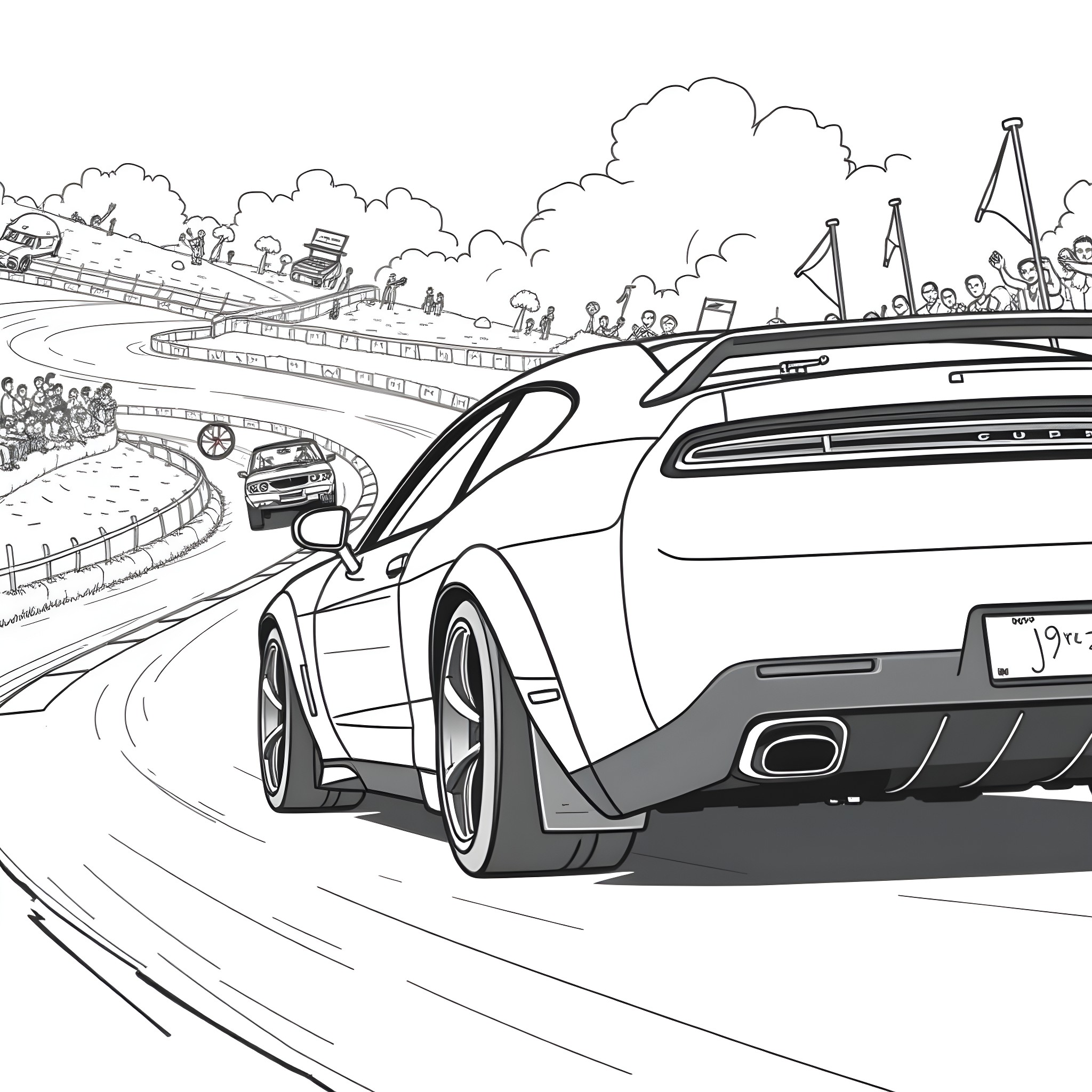 Car racing on a winding road through a city Coloring Page (free black-and-white line drawing printable PDF for all, from beginners to advanced learners, including children, teens, adults, and seniors)