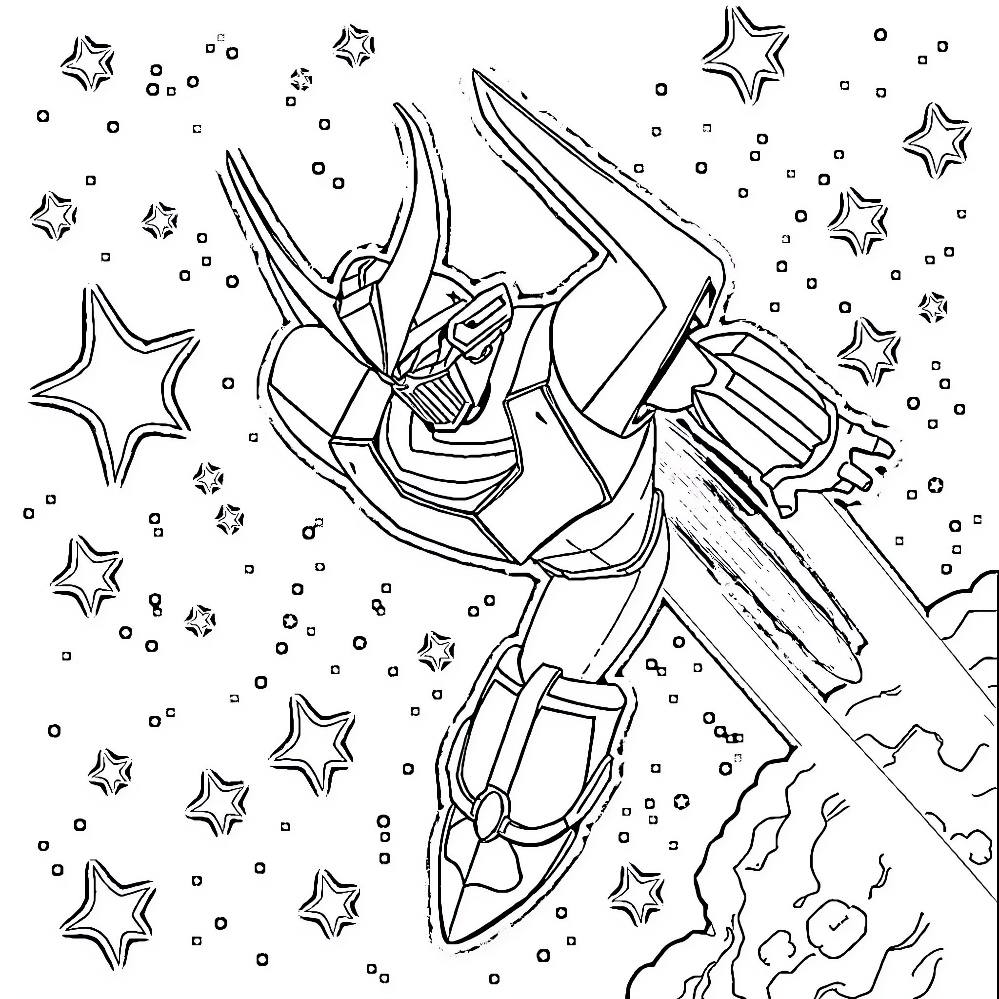 Mazinger Z soaring through the galactic void Coloring Page (free black-and-white line drawing printable PDF for all, from beginners to advanced learners, including children, teens, adults, and seniors)