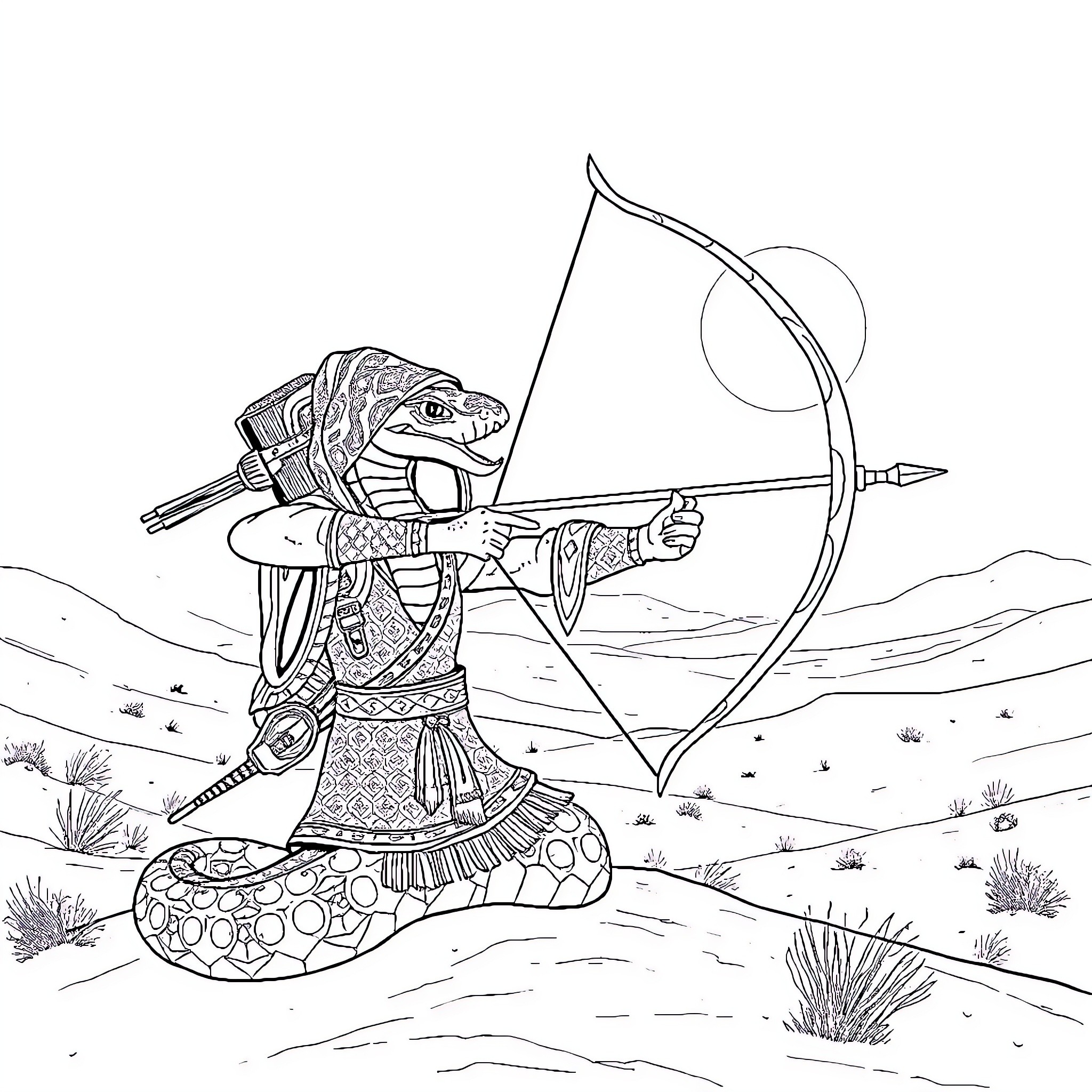 Cobra archer aiming bow in desert landscape Coloring Page (free black-and-white line drawing printable PDF for all, from beginners to advanced learners, including children, teens, adults, and seniors)