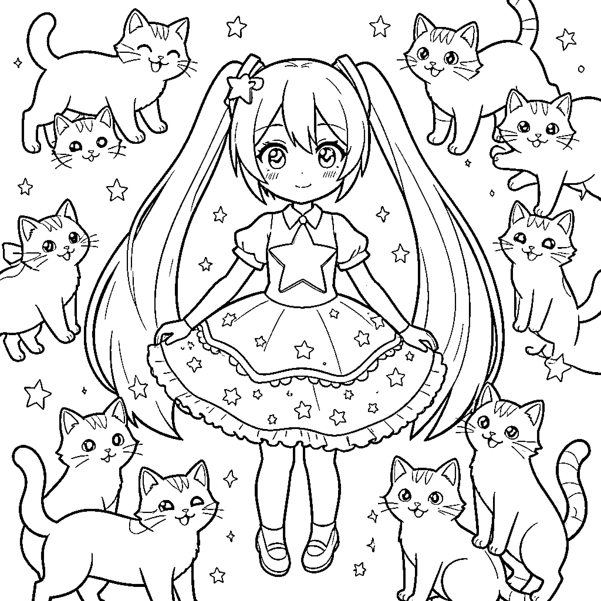 Miku Hatsune surrounded by playful kittens in a starry scene Coloring Page (free black-and-white line drawing printable PDF for all, from beginners to advanced learners, including children, teens, adults, and seniors)