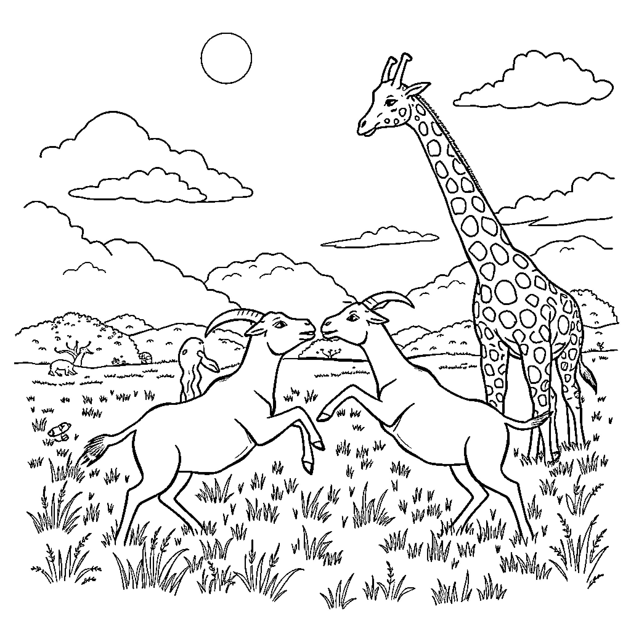 Goat and giraffe exploring the savanna landscape Coloring Page (free black-and-white line drawing printable PDF for all, from beginners to advanced learners, including children, teens, adults, and seniors)