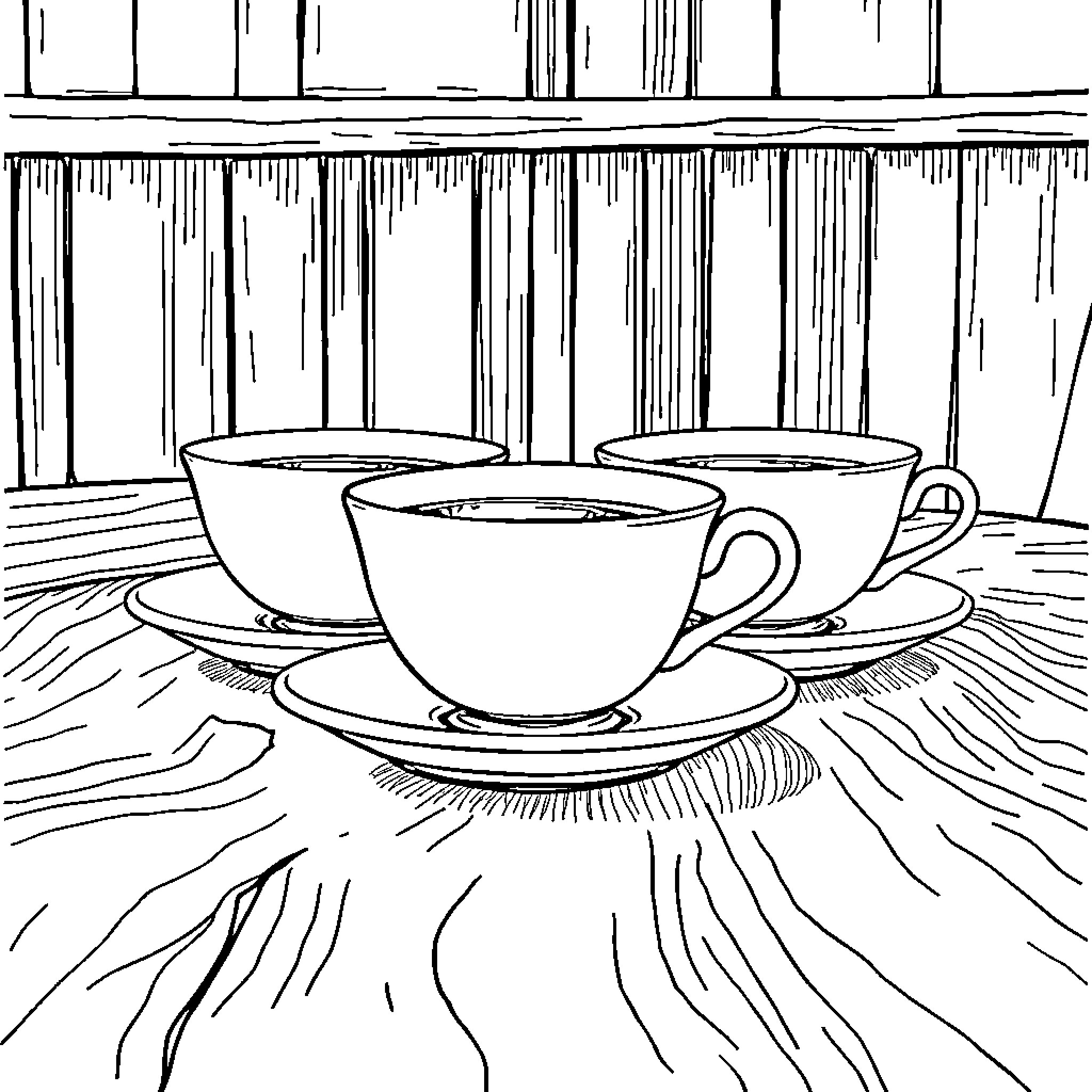 Tea Cups on Wooden Table Coloring Page (free black-and-white line drawing printable PDF for all, from beginners to advanced learners, including children, teens, adults, and seniors)