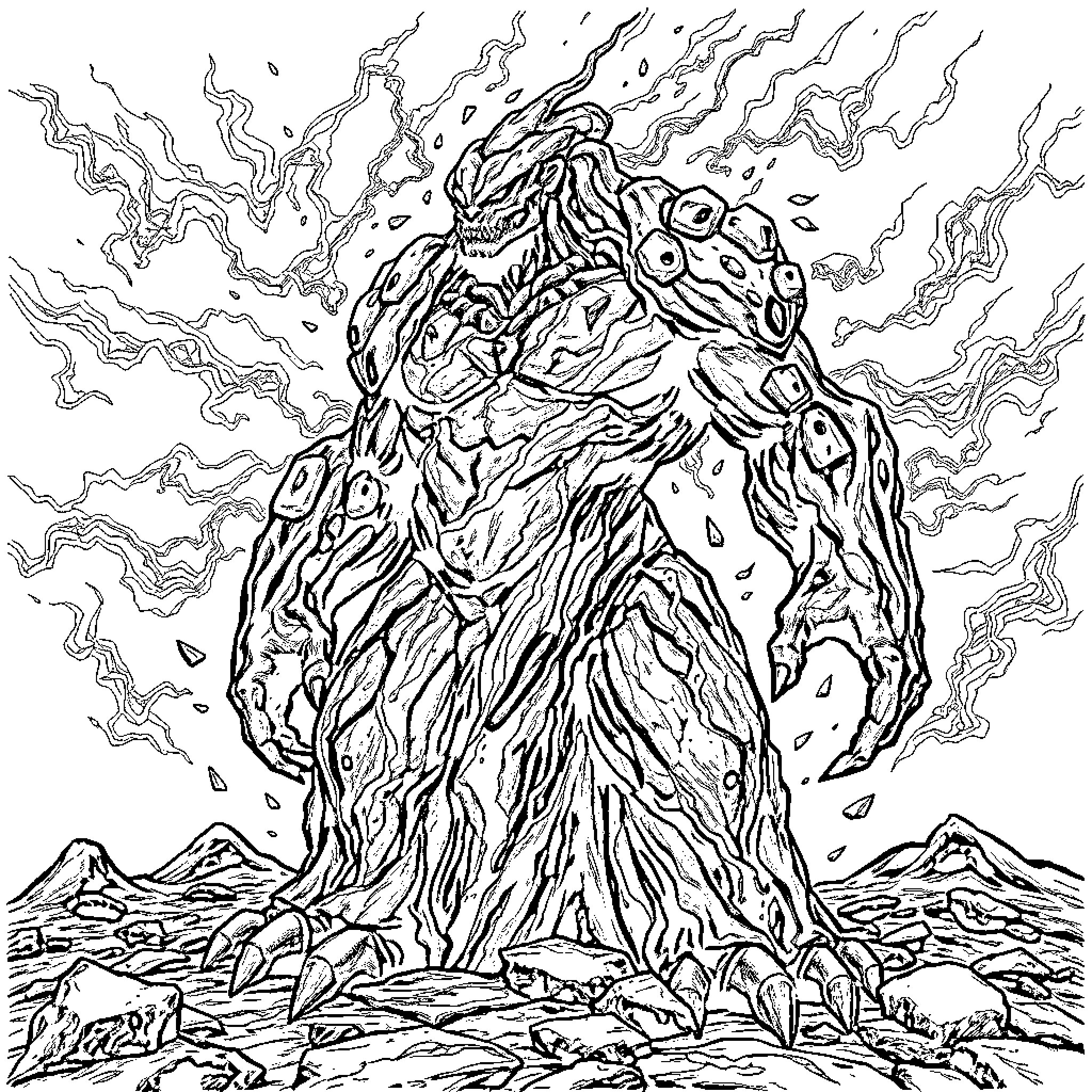 Golem of destruction amid chaotic elements Coloring Page (free black-and-white line drawing printable PDF for all, from beginners to advanced learners, including children, teens, adults, and seniors)