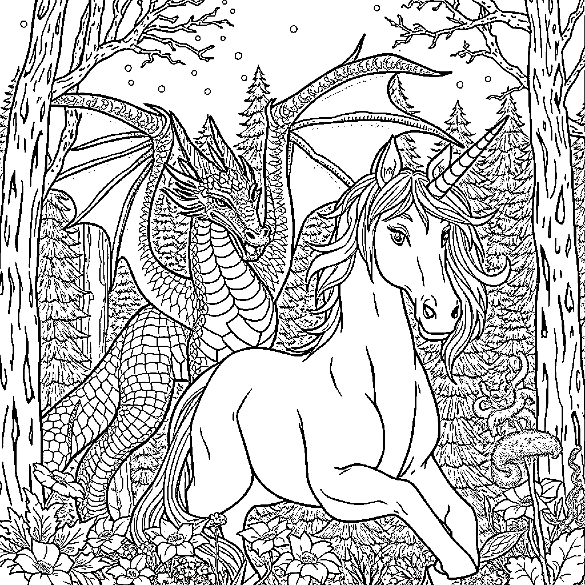 Mythical Creature Unicorn and Dragon in Enchanted Forest Coloring Page (free black-and-white line drawing printable PDF for all, from beginners to advanced learners, including children, teens, adults, and seniors)