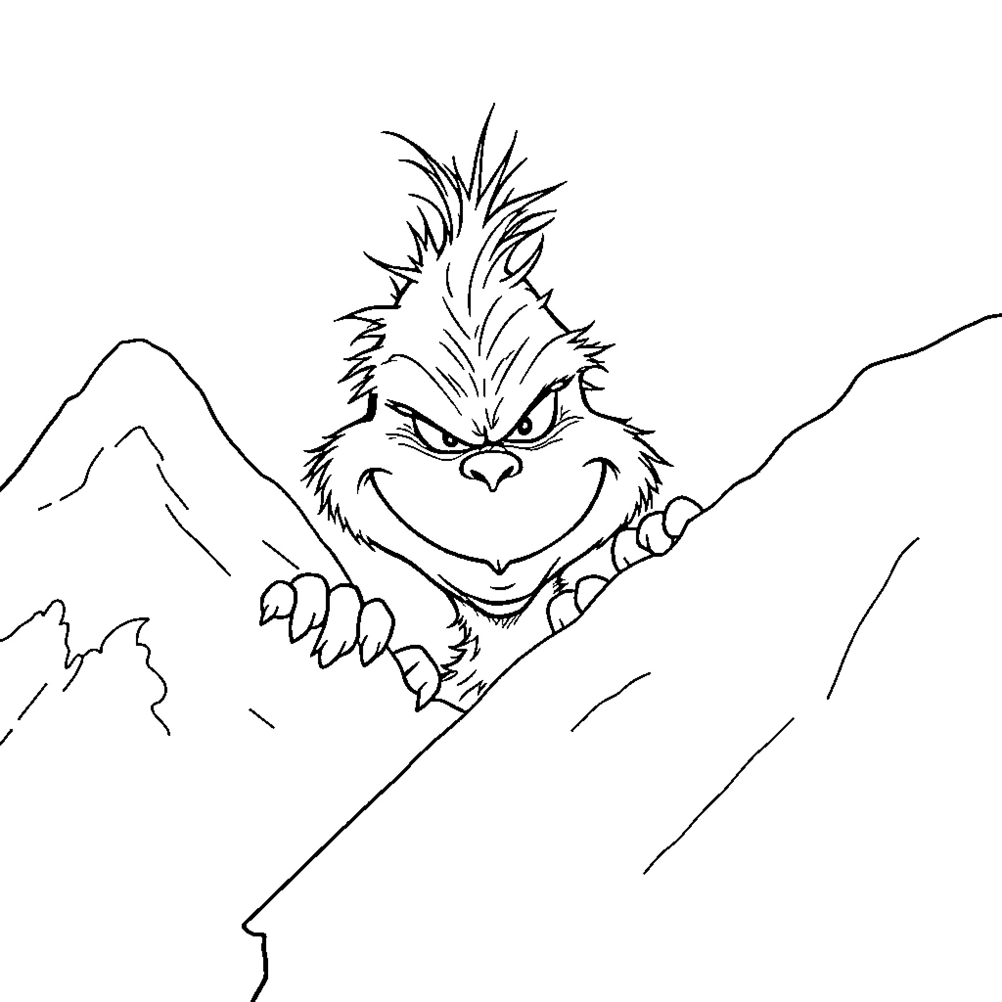 Grinch climbing up the snowy mountain Coloring Page (free black-and-white line drawing printable PDF for all, from beginners to advanced learners, including children, teens, adults, and seniors)