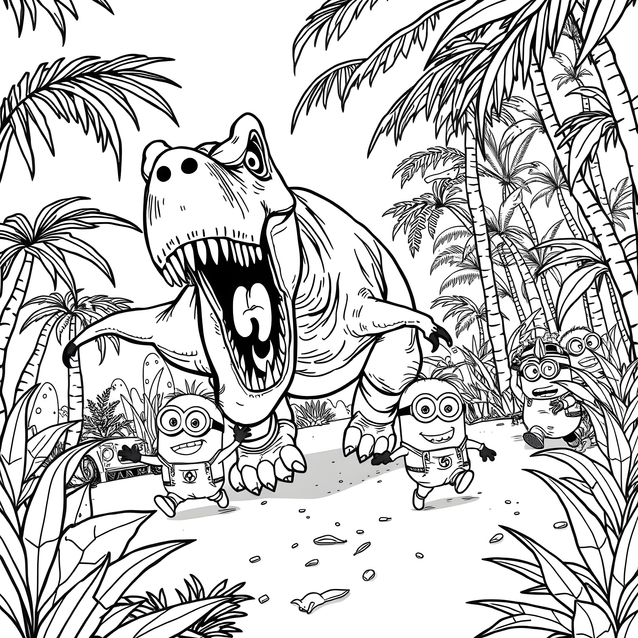 Minion encountering a fearsome dinosaur in the jungle Coloring Page (free black-and-white line drawing printable PDF for all, from beginners to advanced learners, including children, teens, adults, and seniors)