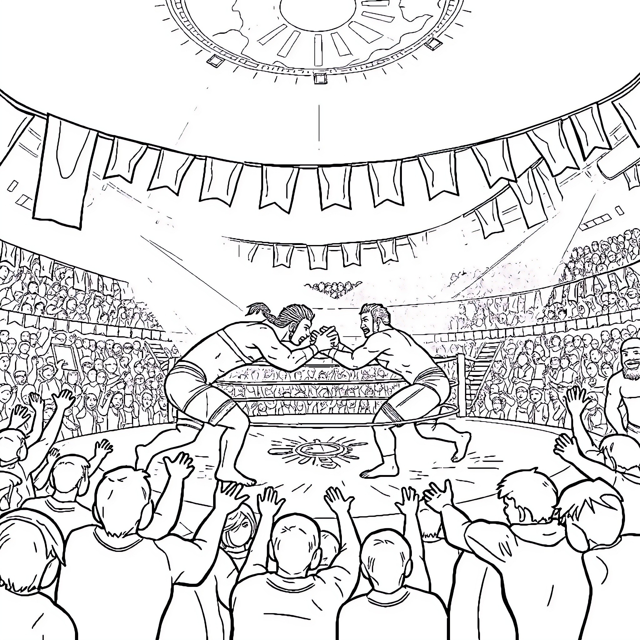 Labubu's Exciting Sumo Wrestling Match in the Arena Coloring Page (free black-and-white line drawing printable PDF for all, from beginners to advanced learners, including children, teens, adults, and seniors)