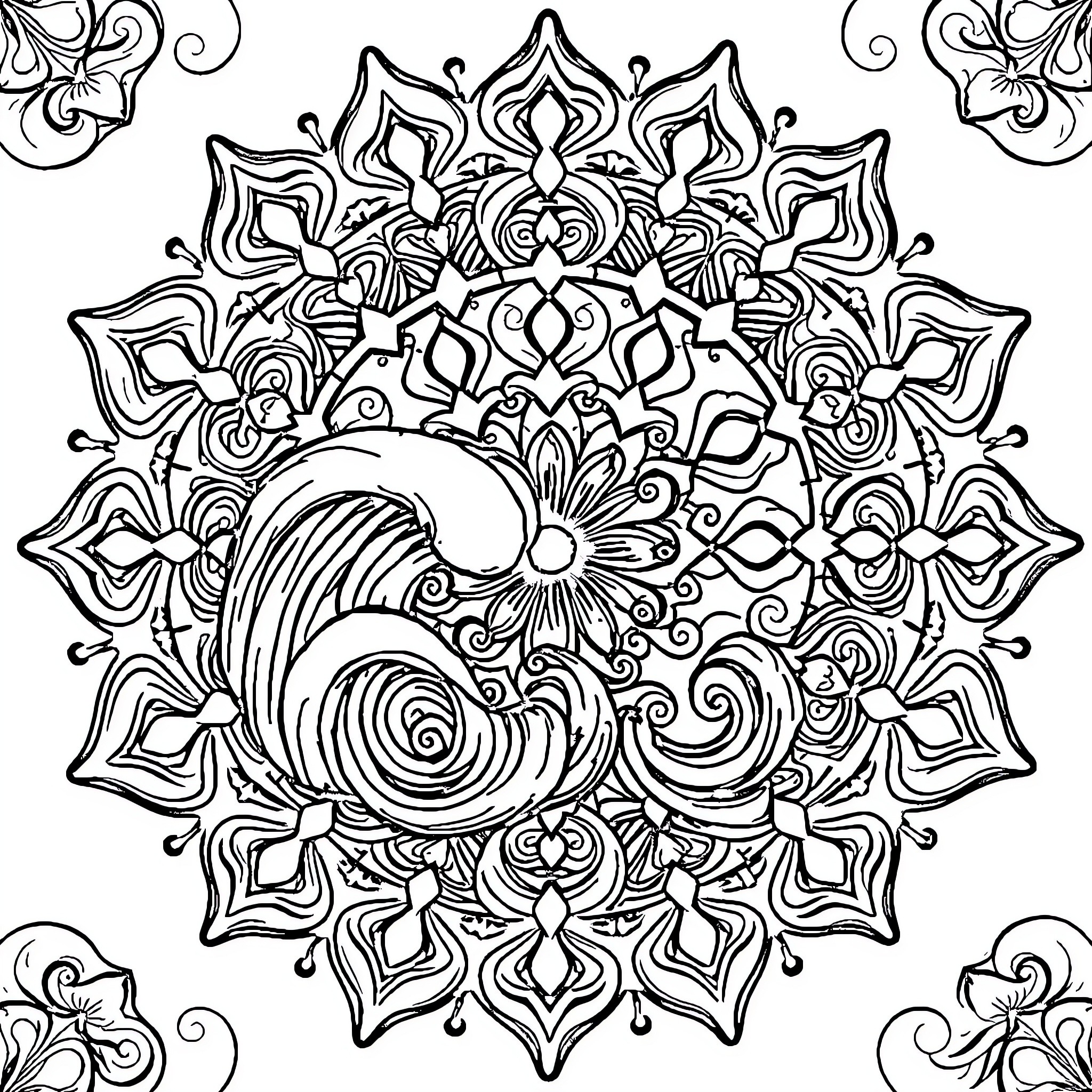 Mandala of Intricate Floral Patterns and Swirls Coloring Page (free black-and-white line drawing printable PDF for all, from beginners to advanced learners, including children, teens, adults, and seniors)