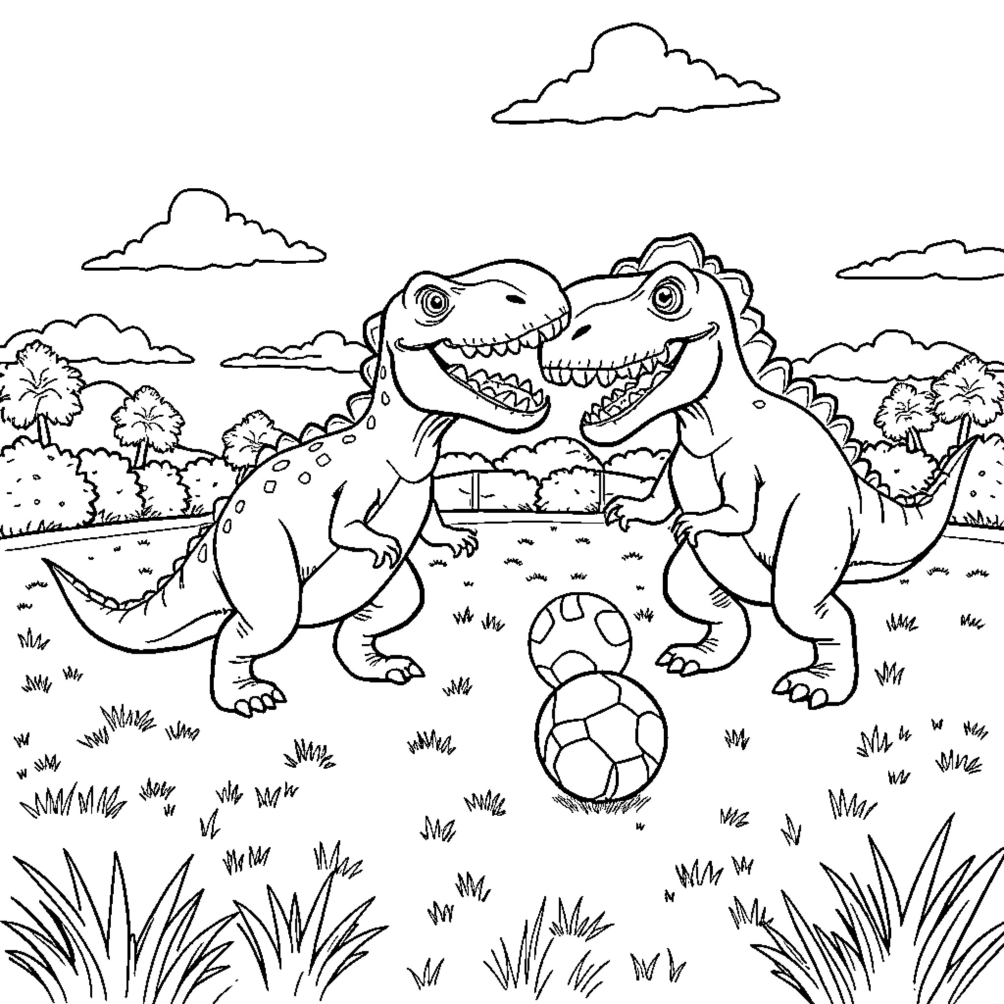 Dinosaurs playing with ball in outdoor scene Coloring Page (free black-and-white line drawing printable PDF for all, from beginners to advanced learners, including children, teens, adults, and seniors)