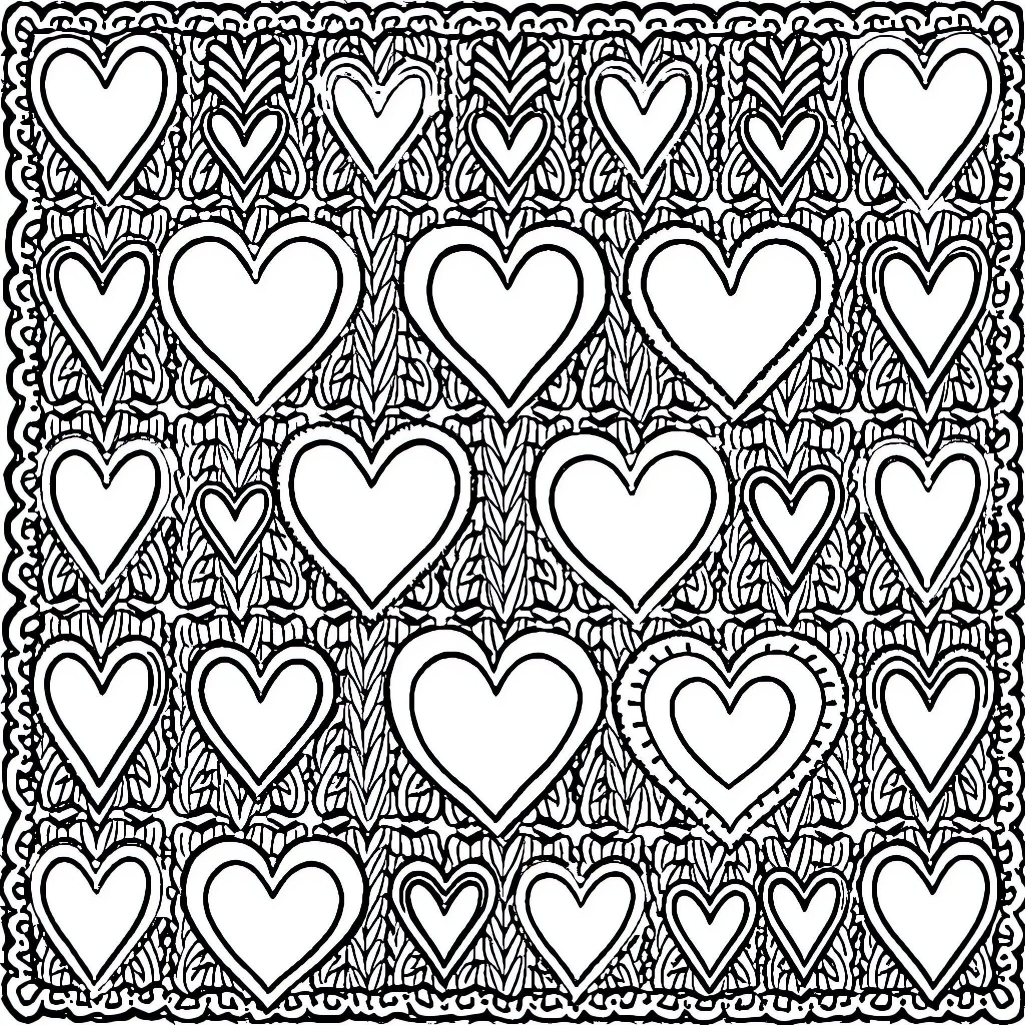 Heart-shaped Patterns and Designs Coloring Page (free black-and-white line drawing printable PDF for all, from beginners to advanced learners, including children, teens, adults, and seniors)