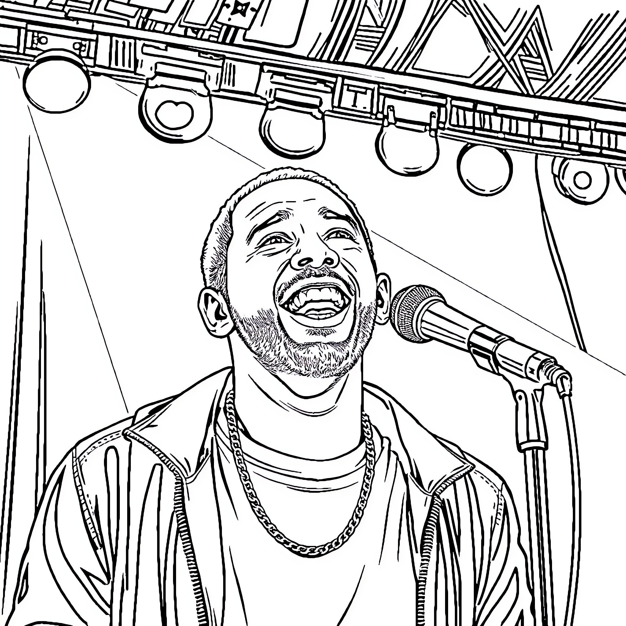 Mac Miller performing on stage with microphone Coloring Page (free black-and-white line drawing printable PDF for all, from beginners to advanced learners, including children, teens, adults, and seniors)