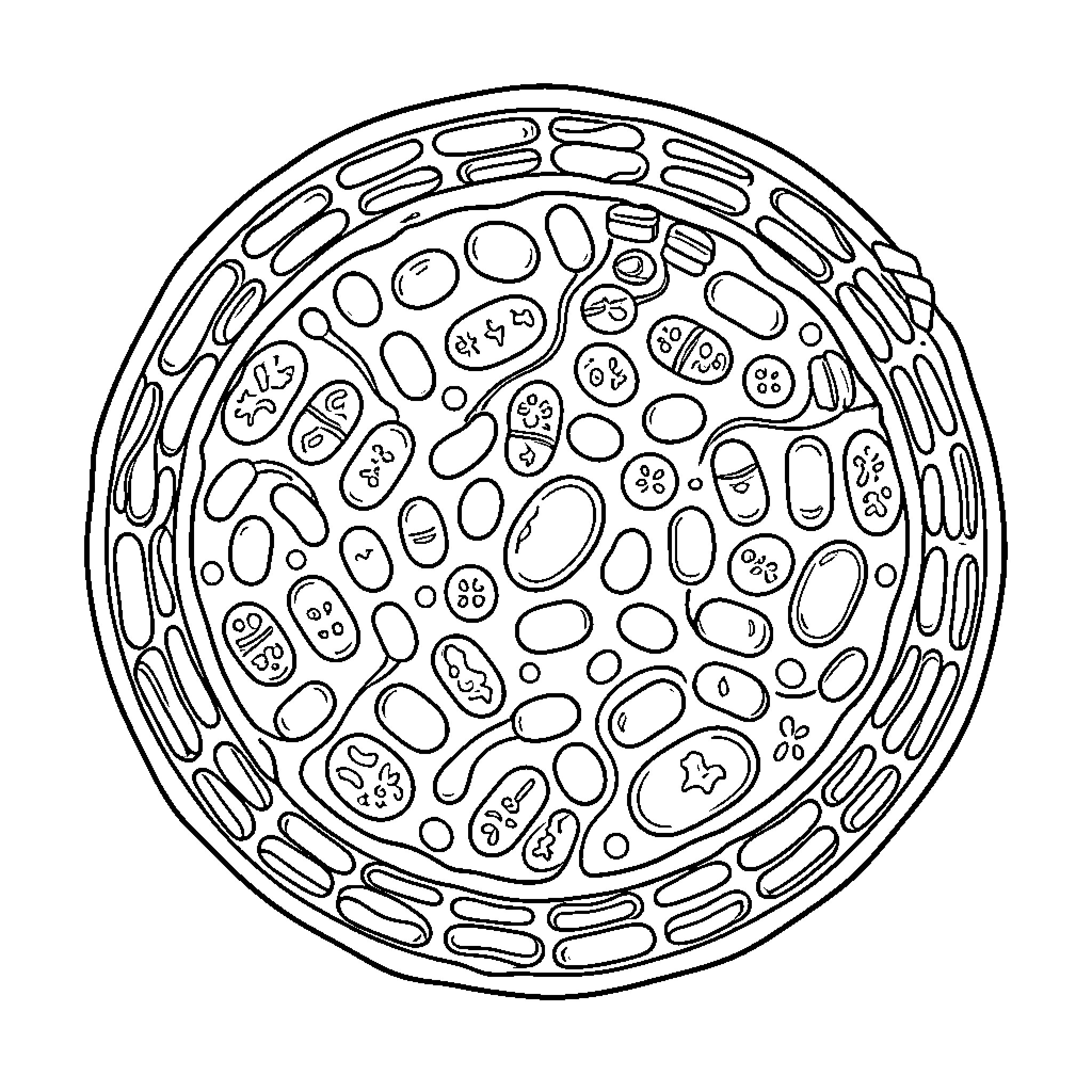Mosaic of various microscopic cellular structures and organic shapes Coloring Page (free black-and-white line drawing printable PDF for all, from beginners to advanced learners, including children, teens, adults, and seniors)