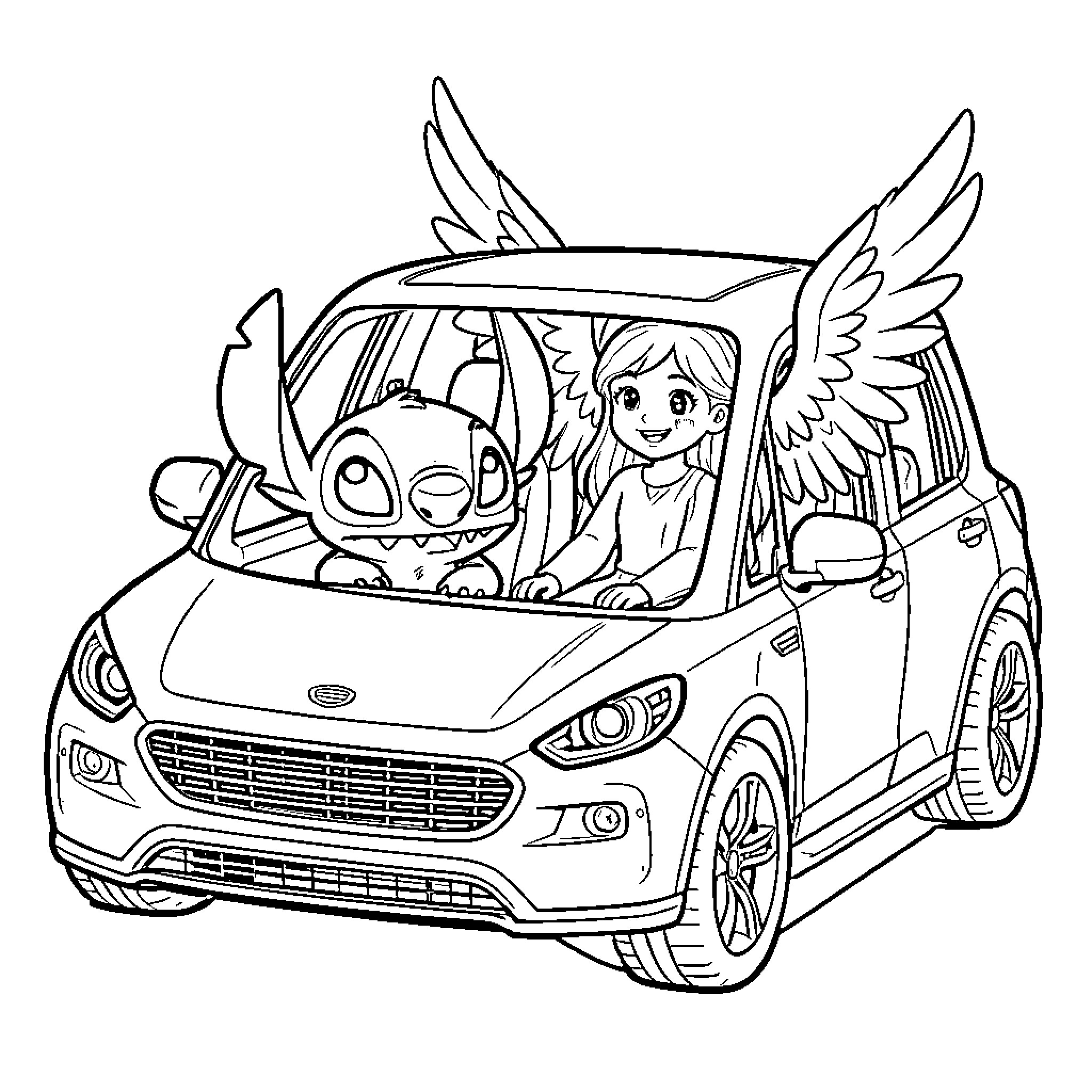 Stitch and girl riding in winged car Coloring Page (free black-and-white line drawing printable PDF for all, from beginners to advanced learners, including children, teens, adults, and seniors)