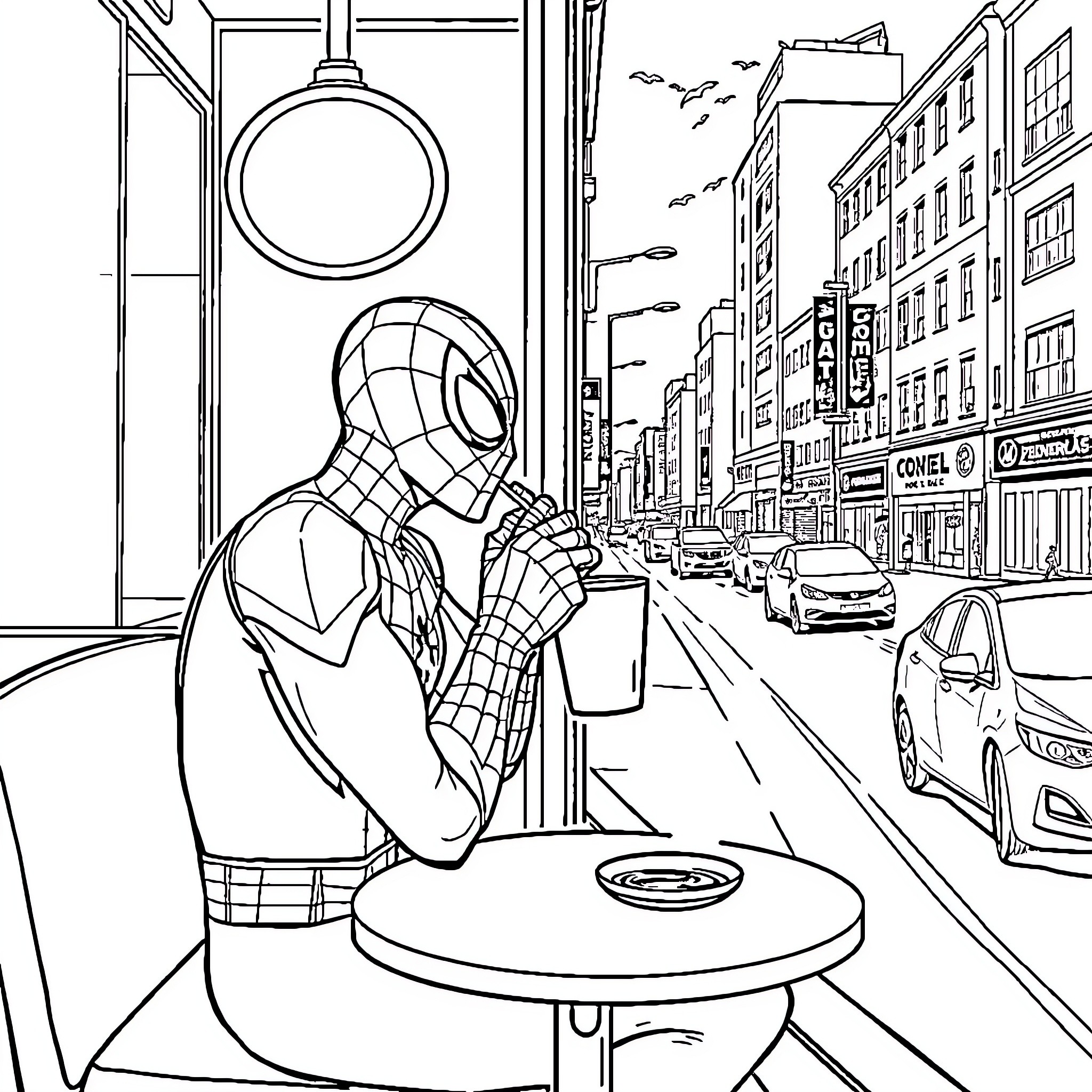 Spiderman resting in a city street Coloring Page (free black-and-white line drawing printable PDF for all, from beginners to advanced learners, including children, teens, adults, and seniors)