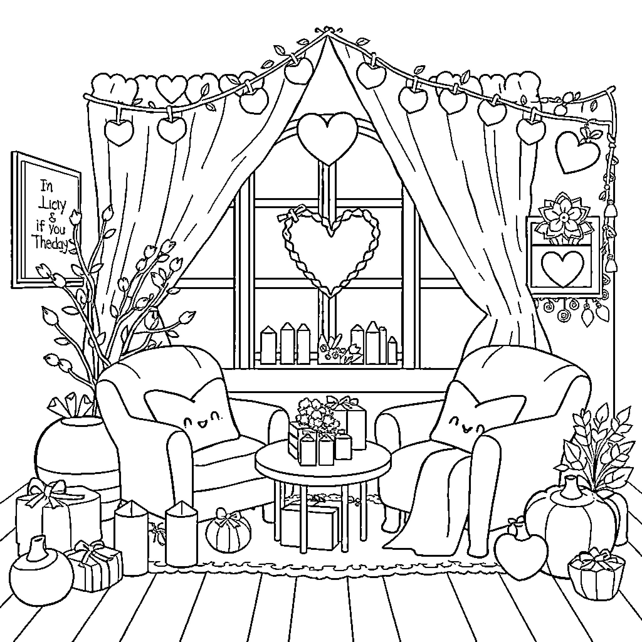 Valentine's Day Decorated Room with Hearts and Gifts Coloring Page (free black-and-white line drawing printable PDF for all, from beginners to advanced learners, including children, teens, adults, and seniors)