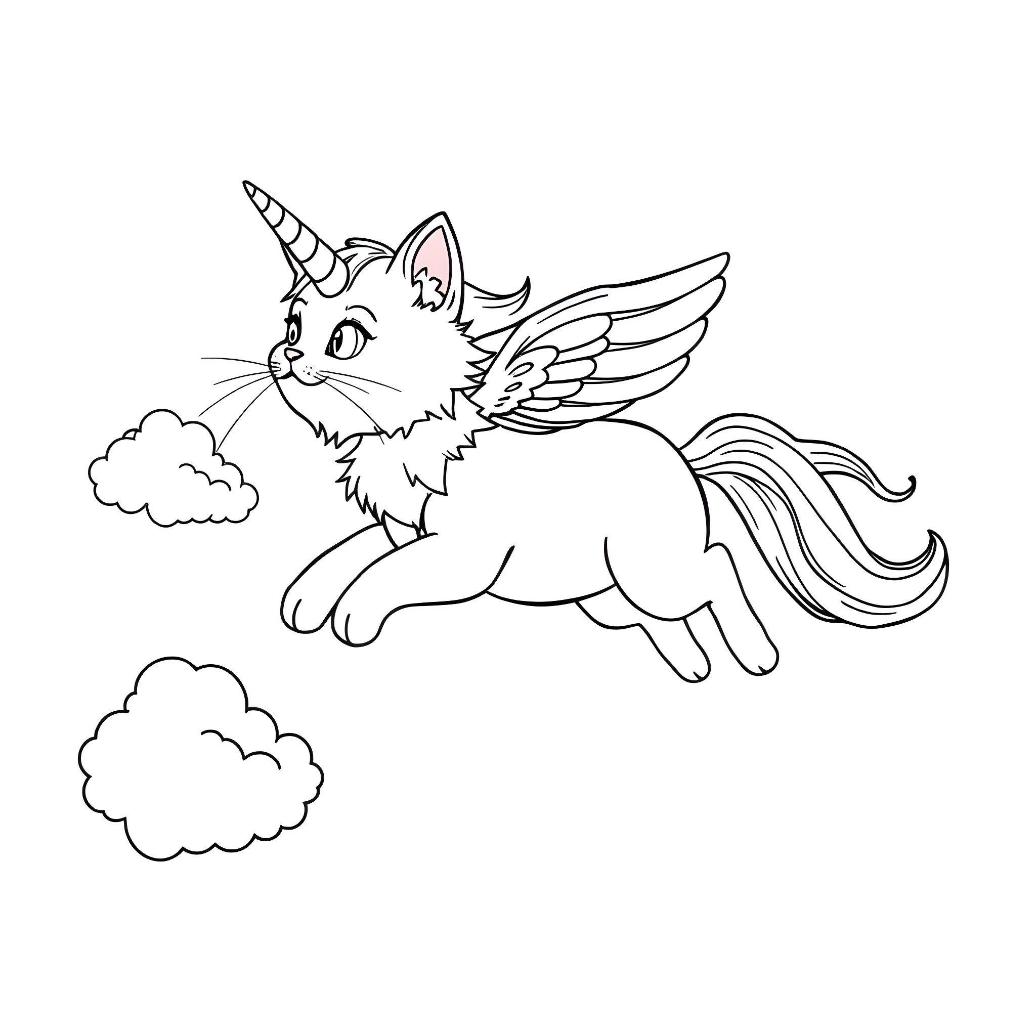 Cat unicorn flying in the clouds Coloring Page (free black-and-white line drawing printable PDF for all, from beginners to advanced learners, including children, teens, adults, and seniors)