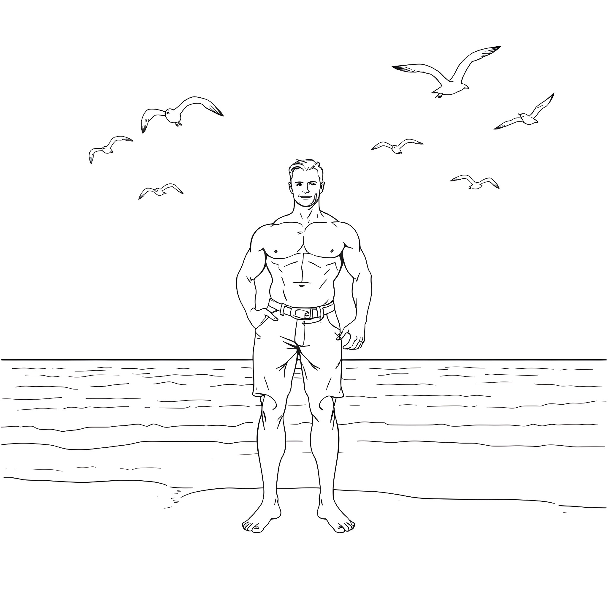 Man standing on the beach with seagulls Coloring Page (free black-and-white line drawing printable PDF for all, from beginners to advanced learners, including children, teens, adults, and seniors)