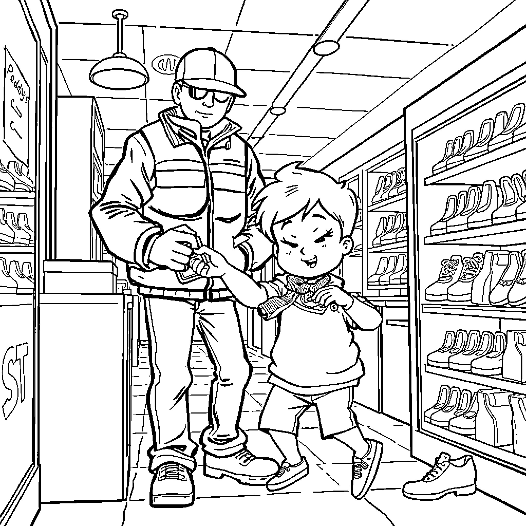 Boy helps worker at the hardware store Coloring Page (free black-and-white line drawing printable PDF for all, from beginners to advanced learners, including children, teens, adults, and seniors)