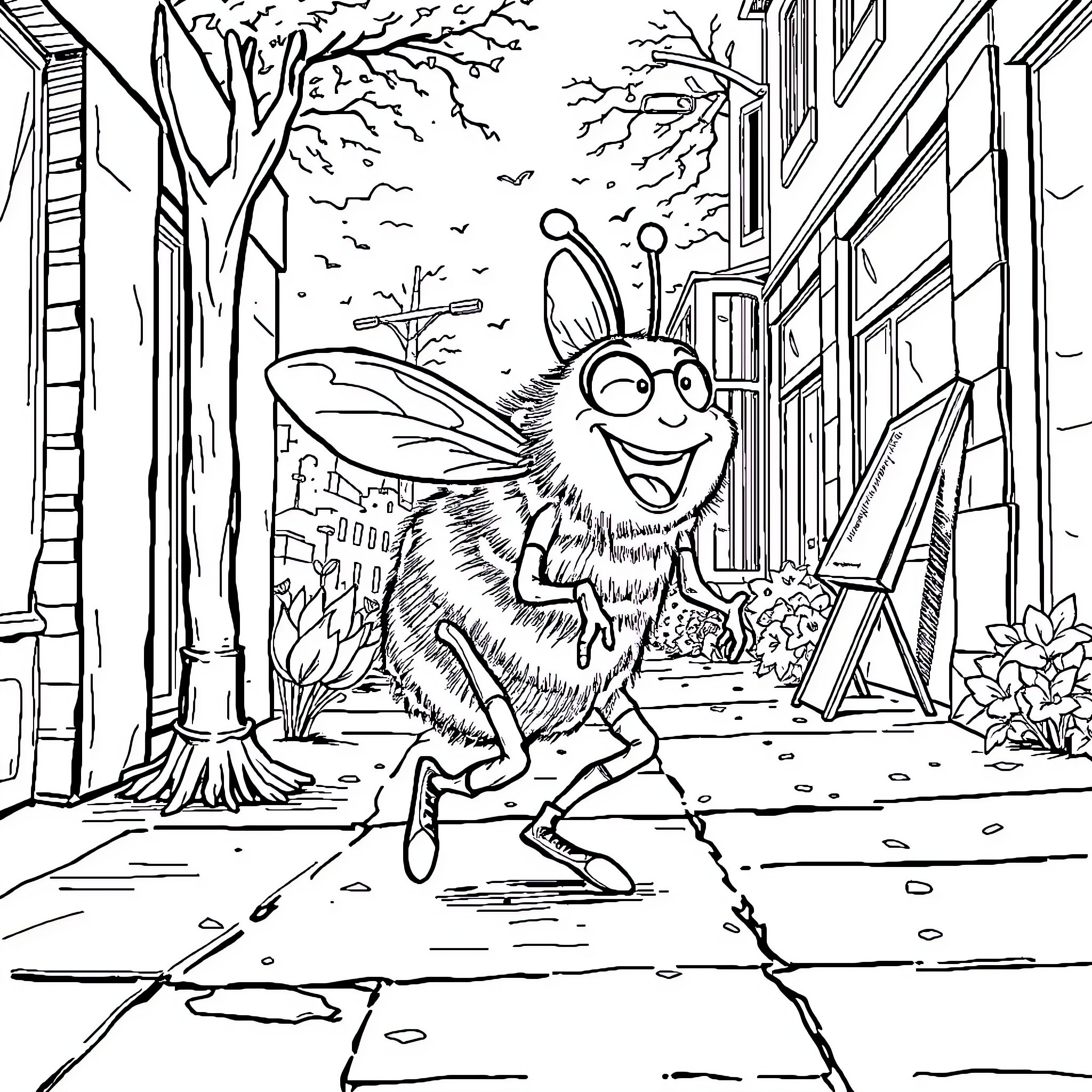 Bumblebee exploring a whimsical outdoor scene Coloring Page (free black-and-white line drawing printable PDF for all, from beginners to advanced learners, including children, teens, adults, and seniors)