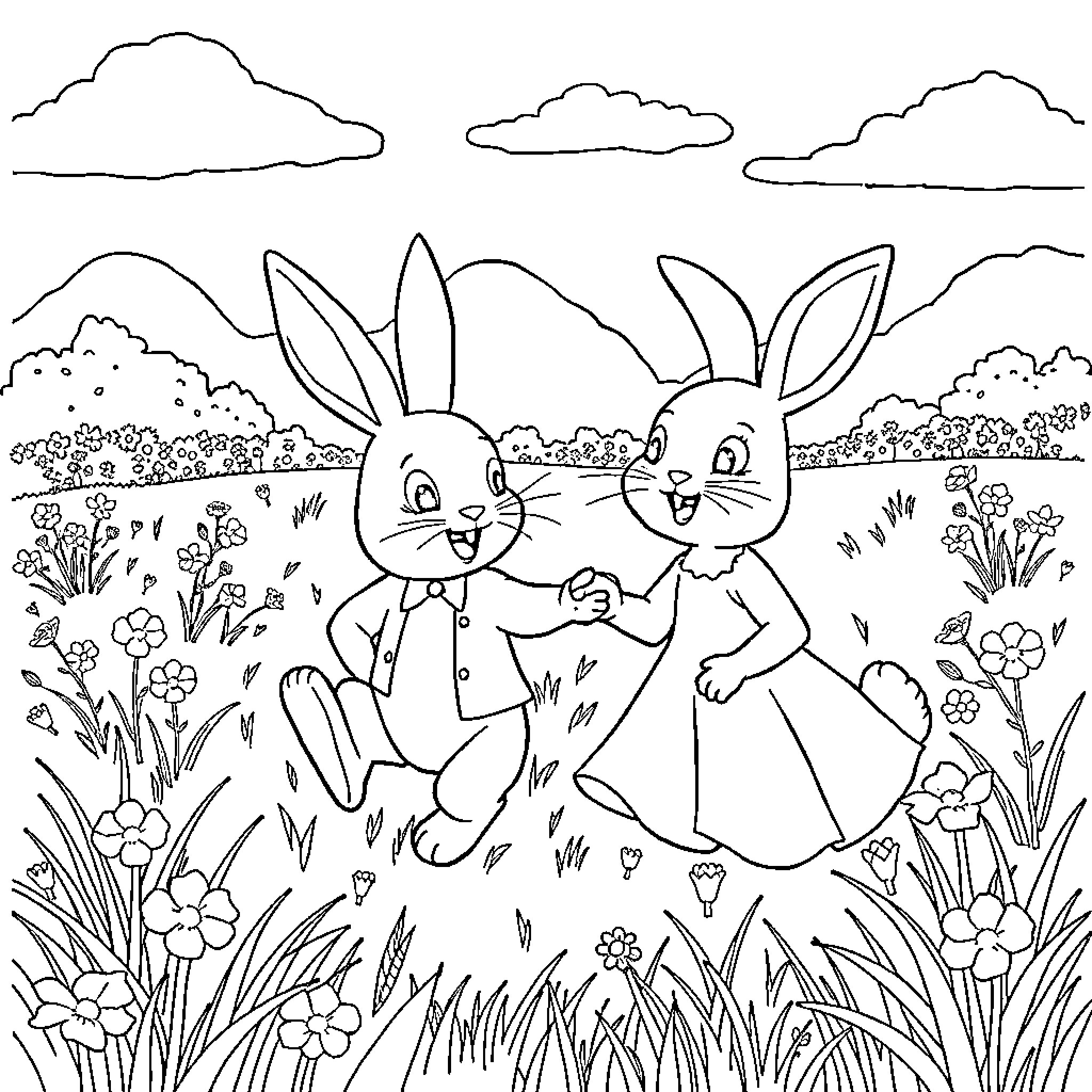 Rabbit friends enjoying nature together Coloring Page (free black-and-white line drawing printable PDF for all, from beginners to advanced learners, including children, teens, adults, and seniors)