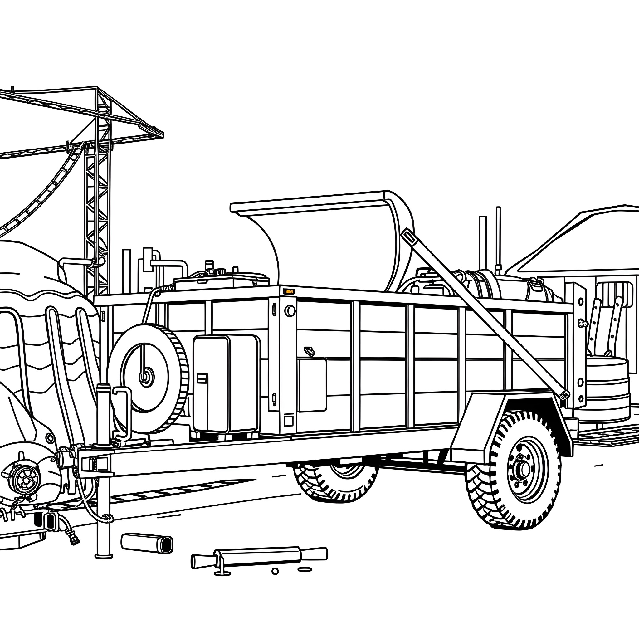Dump Trailer Unloading Machinery and Equipment Coloring Page (free black-and-white line drawing printable PDF for all, from beginners to advanced learners, including children, teens, adults, and seniors)