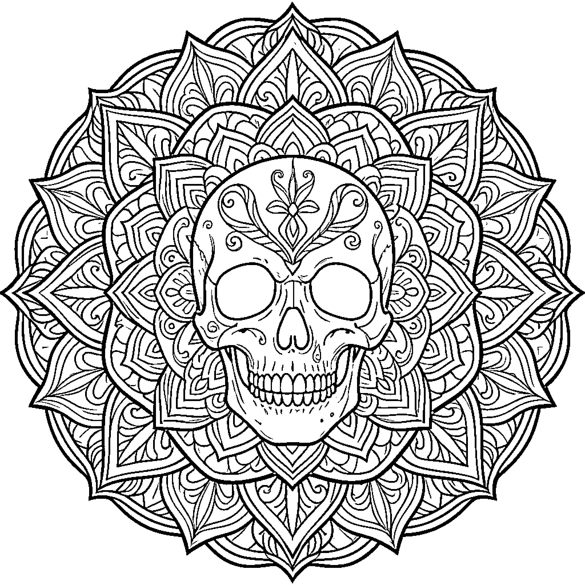 Skull surrounded by ornate mandala patterns Coloring Page (free black-and-white line drawing printable PDF for all, from beginners to advanced learners, including children, teens, adults, and seniors)