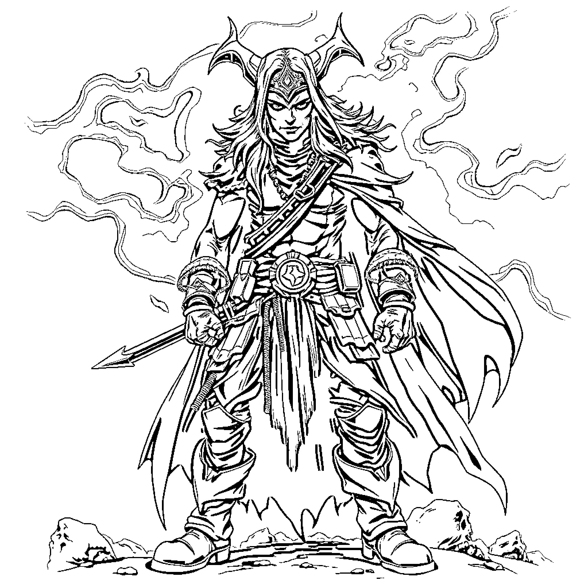Gypsy Warrior's Ethereal Exaltation Coloring Page (free black-and-white line drawing printable PDF for all, from beginners to advanced learners, including children, teens, adults, and seniors)