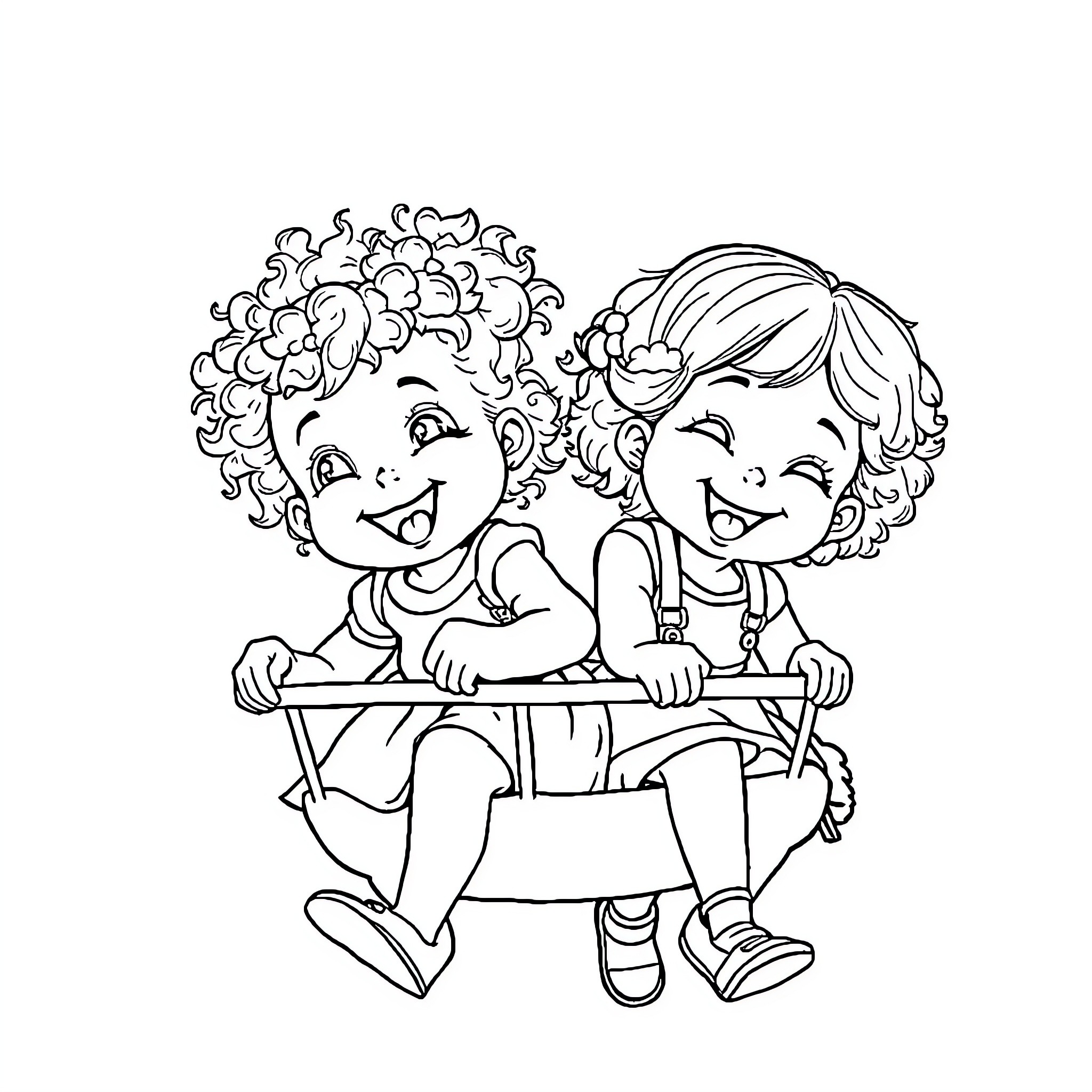 Fille Sharing Joyful Moments on Swing Coloring Page (free black-and-white line drawing printable PDF for all, from beginners to advanced learners, including children, teens, adults, and seniors)