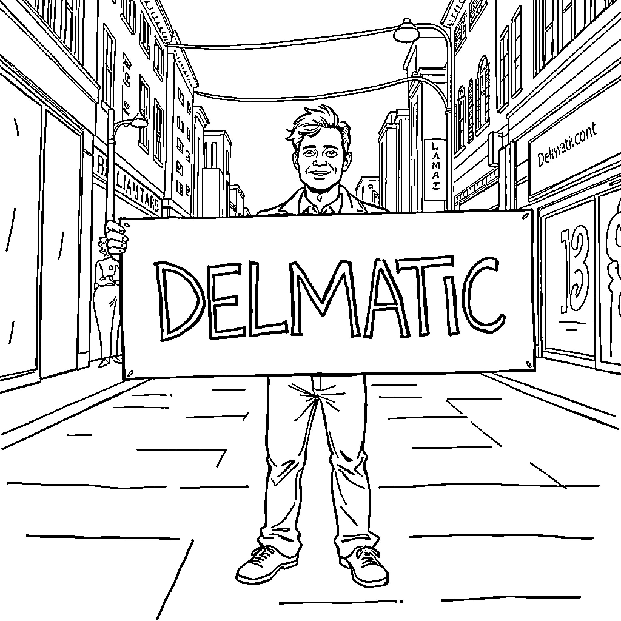 Man holding Delmatic sign in urban street Coloring Page (free black-and-white line drawing printable PDF for all, from beginners to advanced learners, including children, teens, adults, and seniors)