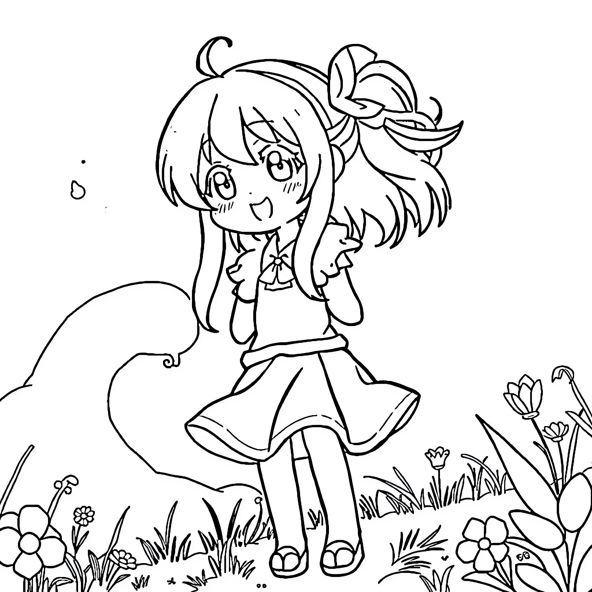 Aqua anime girl surrounded by nature Coloring Page (free black-and-white line drawing printable PDF for all, from beginners to advanced learners, including children, teens, adults, and seniors)