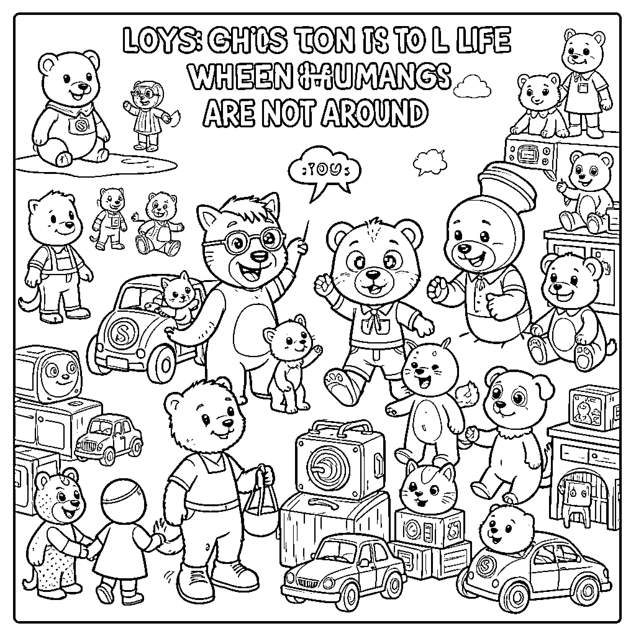 Toy Story characters smiling and playing with various toys Coloring Page (free black-and-white line drawing printable PDF for all, from beginners to advanced learners, including children, teens, adults, and seniors)