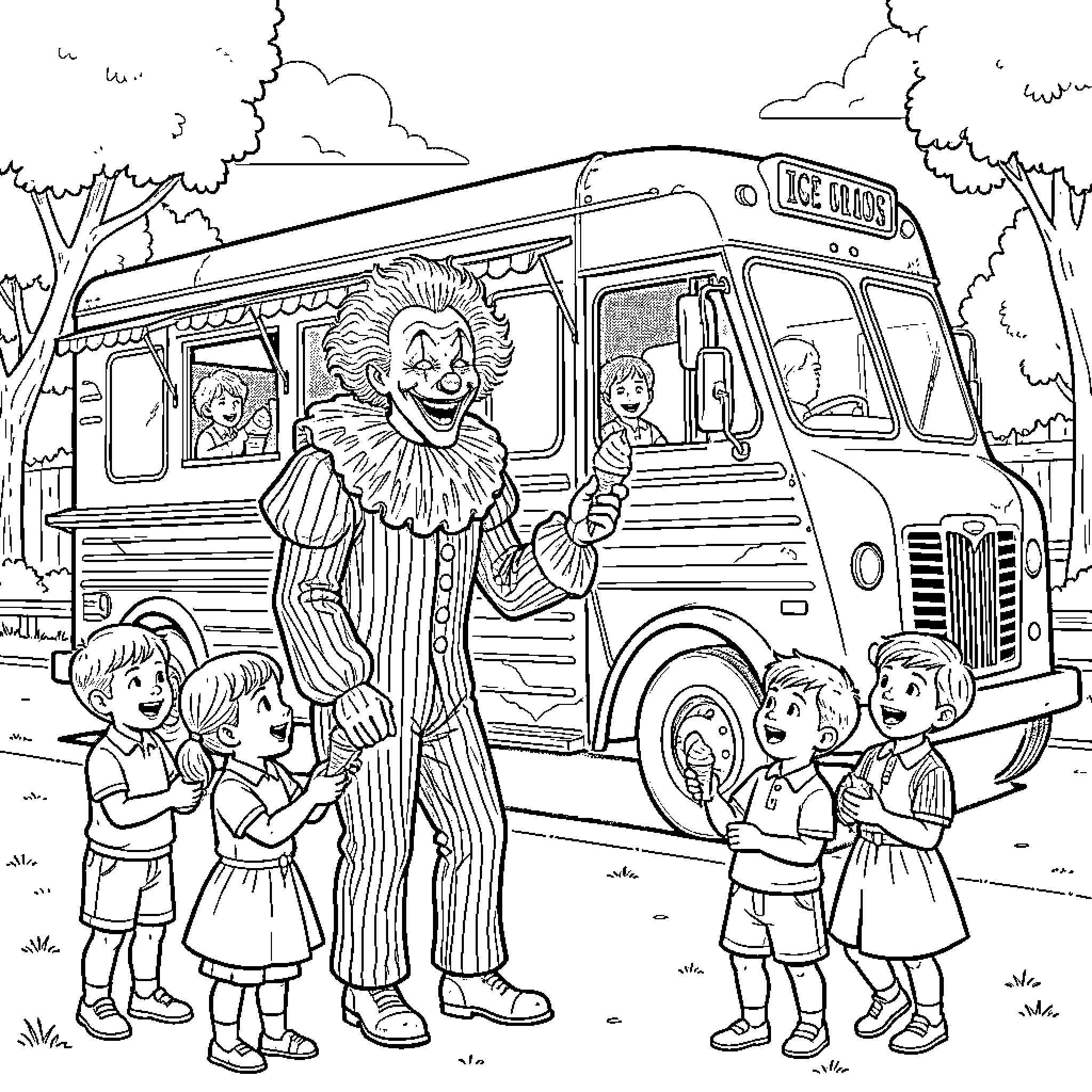 Pennywise the clown serving ice cream to children Coloring Page (free black-and-white line drawing printable PDF for all, from beginners to advanced learners, including children, teens, adults, and seniors)