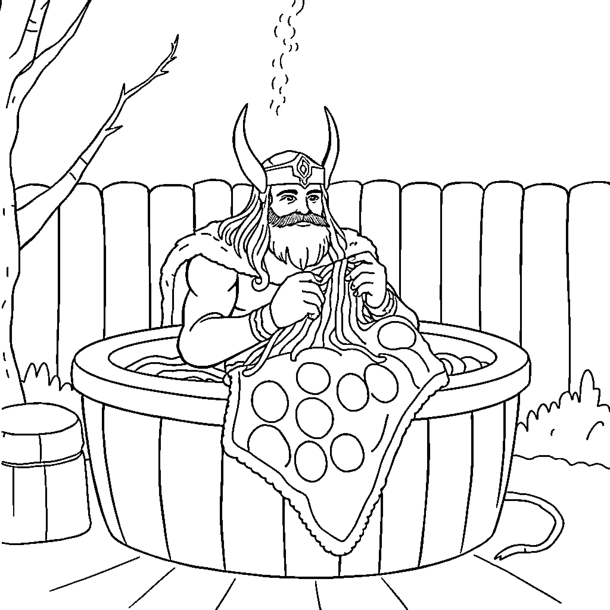 Thor relaxing in a hot tub outdoors Coloring Page (free black-and-white line drawing printable PDF for all, from beginners to advanced learners, including children, teens, adults, and seniors)