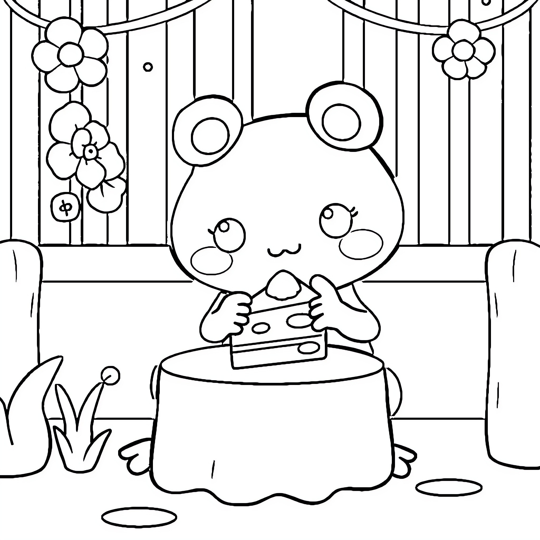 Kerropi enjoying a snack in a floral setting Coloring Page (free black-and-white line drawing printable PDF for all, from beginners to advanced learners, including children, teens, adults, and seniors)