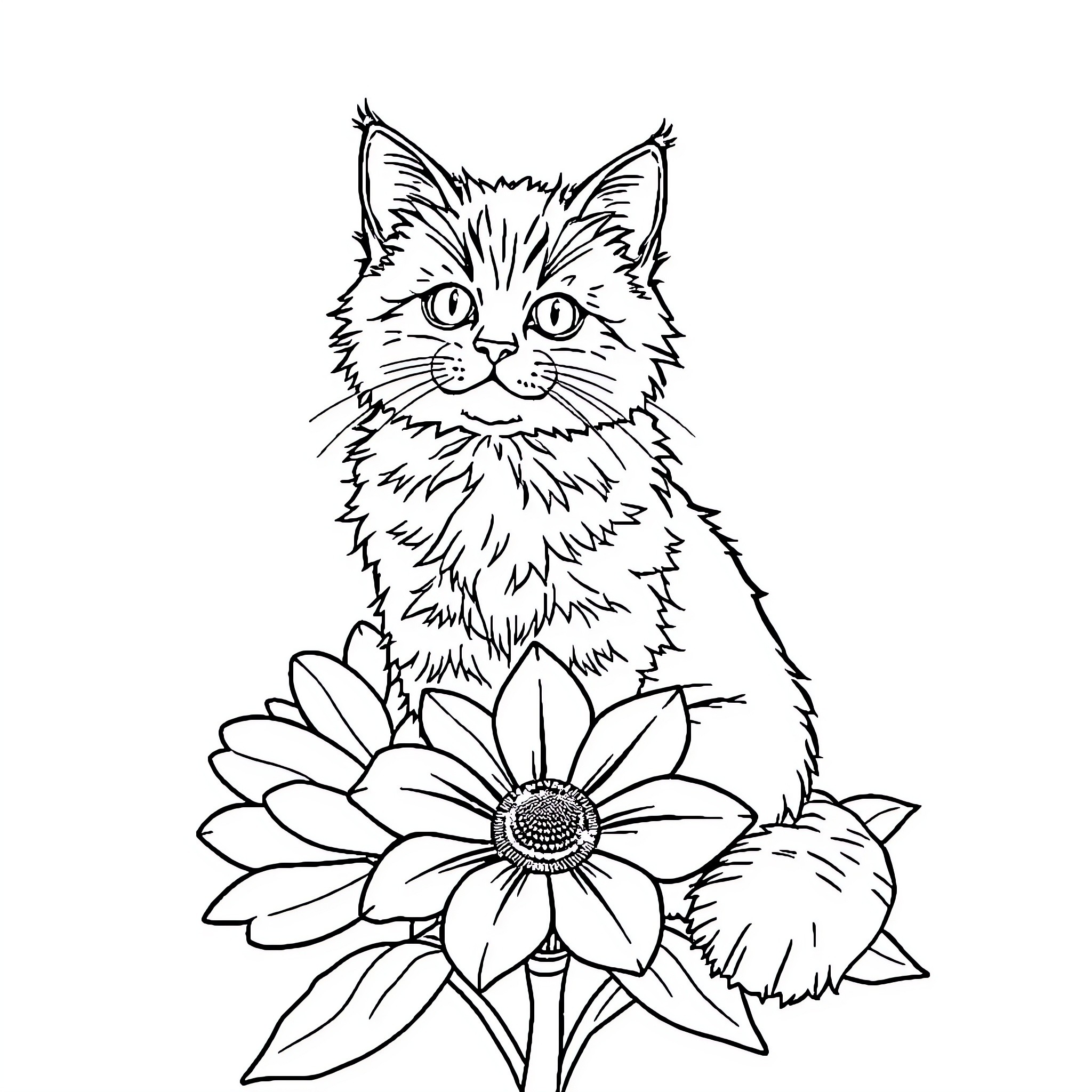 Cat sitting amidst blooming flowers Coloring Page (free black-and-white line drawing printable PDF for all, from beginners to advanced learners, including children, teens, adults, and seniors)