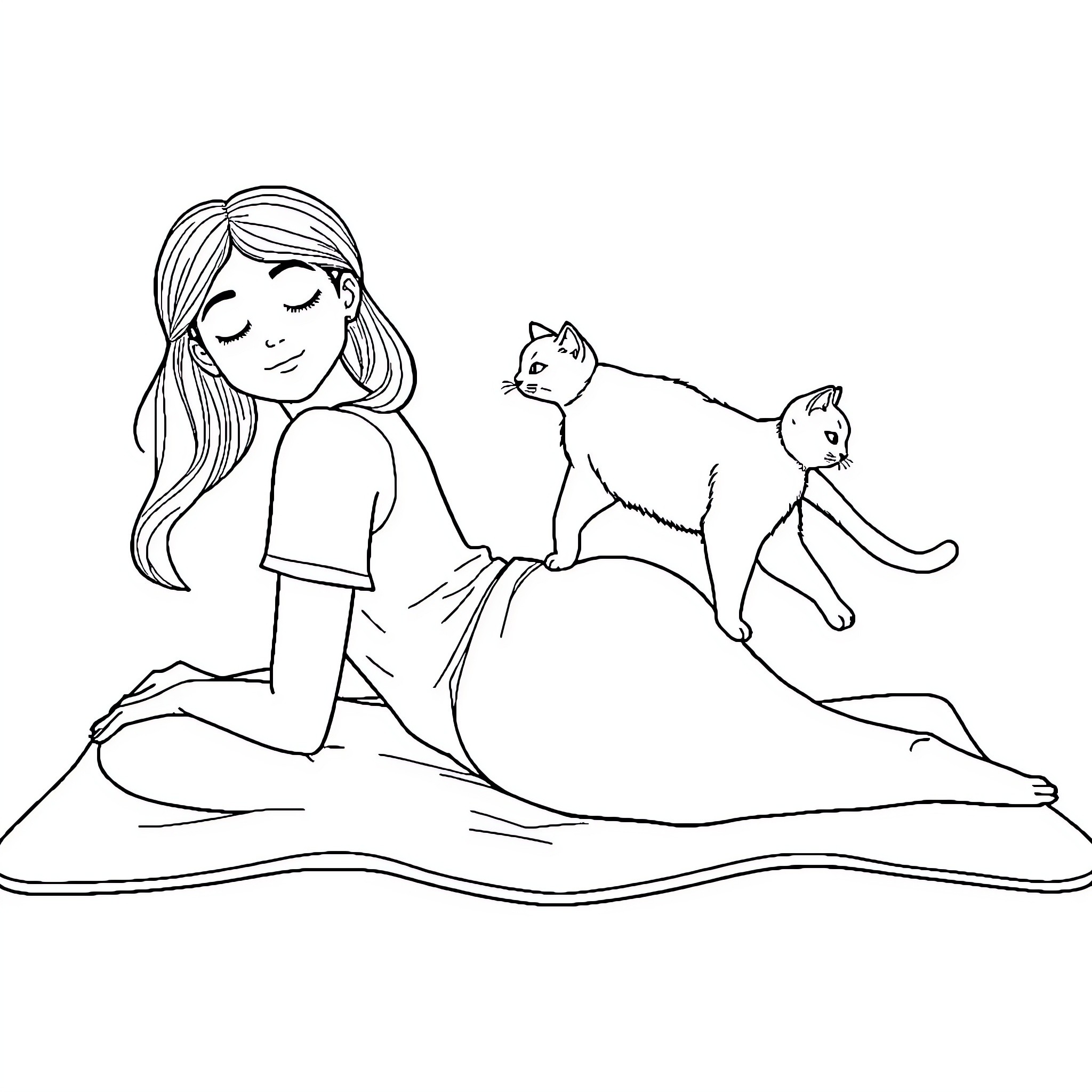 Woman relaxing with her cats Coloring Page (free black-and-white line drawing printable PDF for all, from beginners to advanced learners, including children, teens, adults, and seniors)